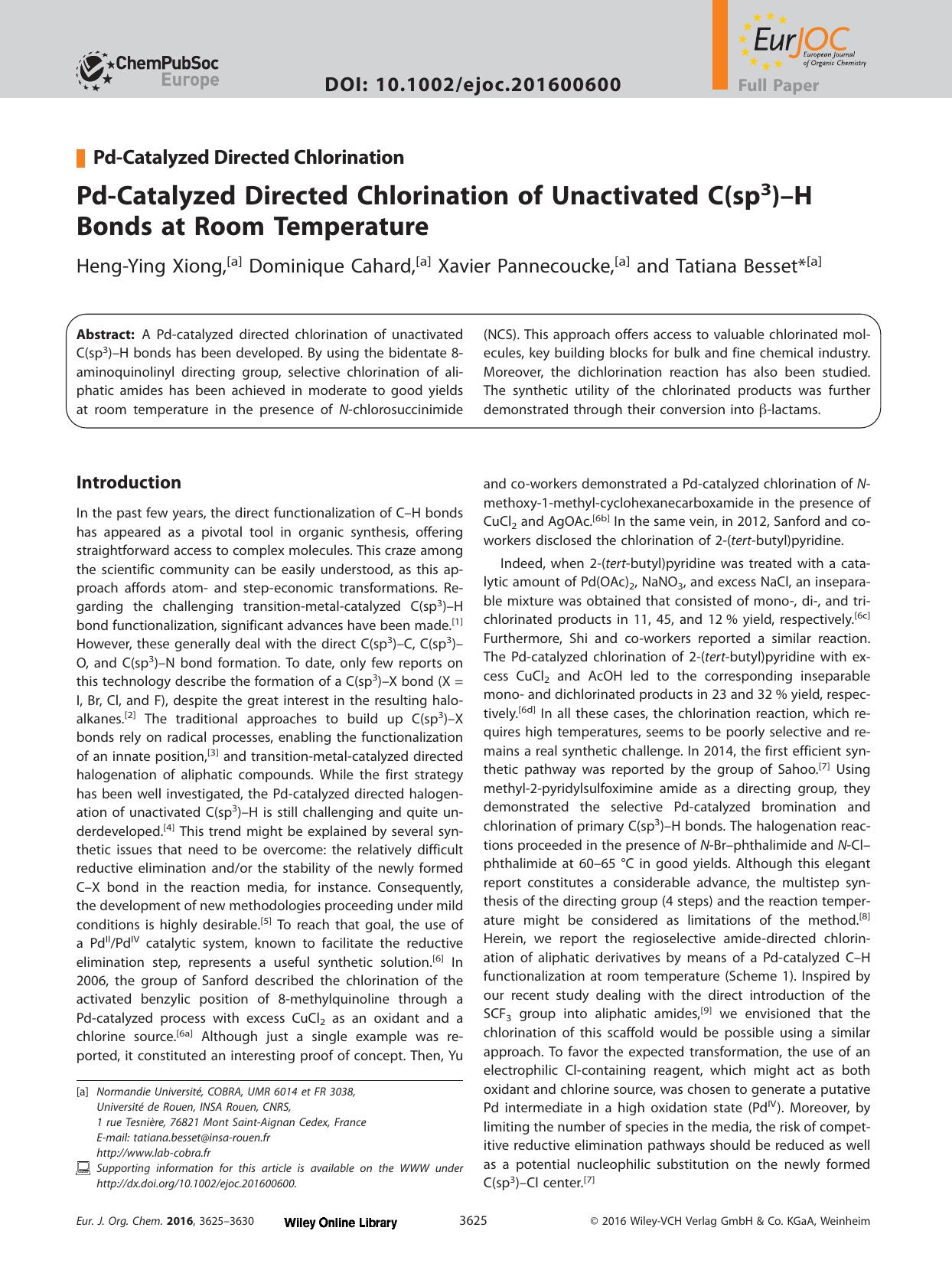 Pd&#x02010;Catalyzed Directed Chlorination of Unactivated C(sp<sup>3<sup>)&#x02013;H Bonds at Room Temperature by Unknown