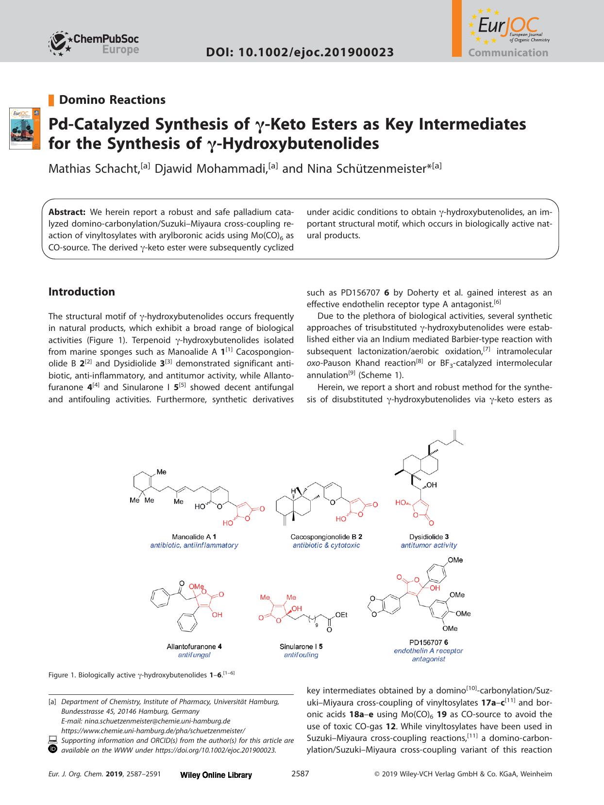 Pd&#x02010;Catalyzed Synthesis of &#x003B3;&#x02010;Keto Esters as Key Intermediates for the Synthesis of &#x003B3;&#x02010;Hydroxybutenolides by Unknown