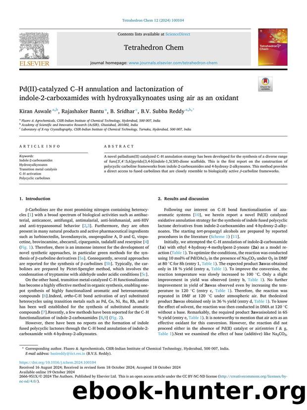 Pd(II)-catalyzed CâH annulation and lactonization of indole-2-carboxamides with hydroxyalkynoates using air as an oxidant by Kiran Aswale & Rajashaker Bantu & B. Sridhar & B.V. Subba Reddy