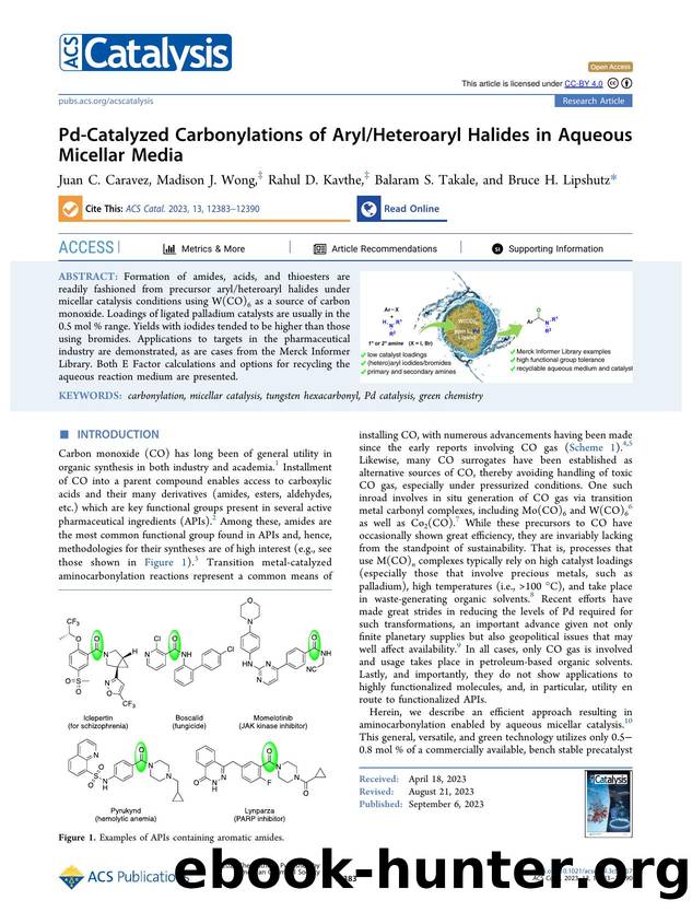 Pd-Catalyzed Carbonylations of ArylHeteroaryl Halides in Aqueous Micellar Media by Juan C. Caravez Madison J. Wong Rahul D. Kavthe Balaram S. Takale and Bruce H. Lipshutz