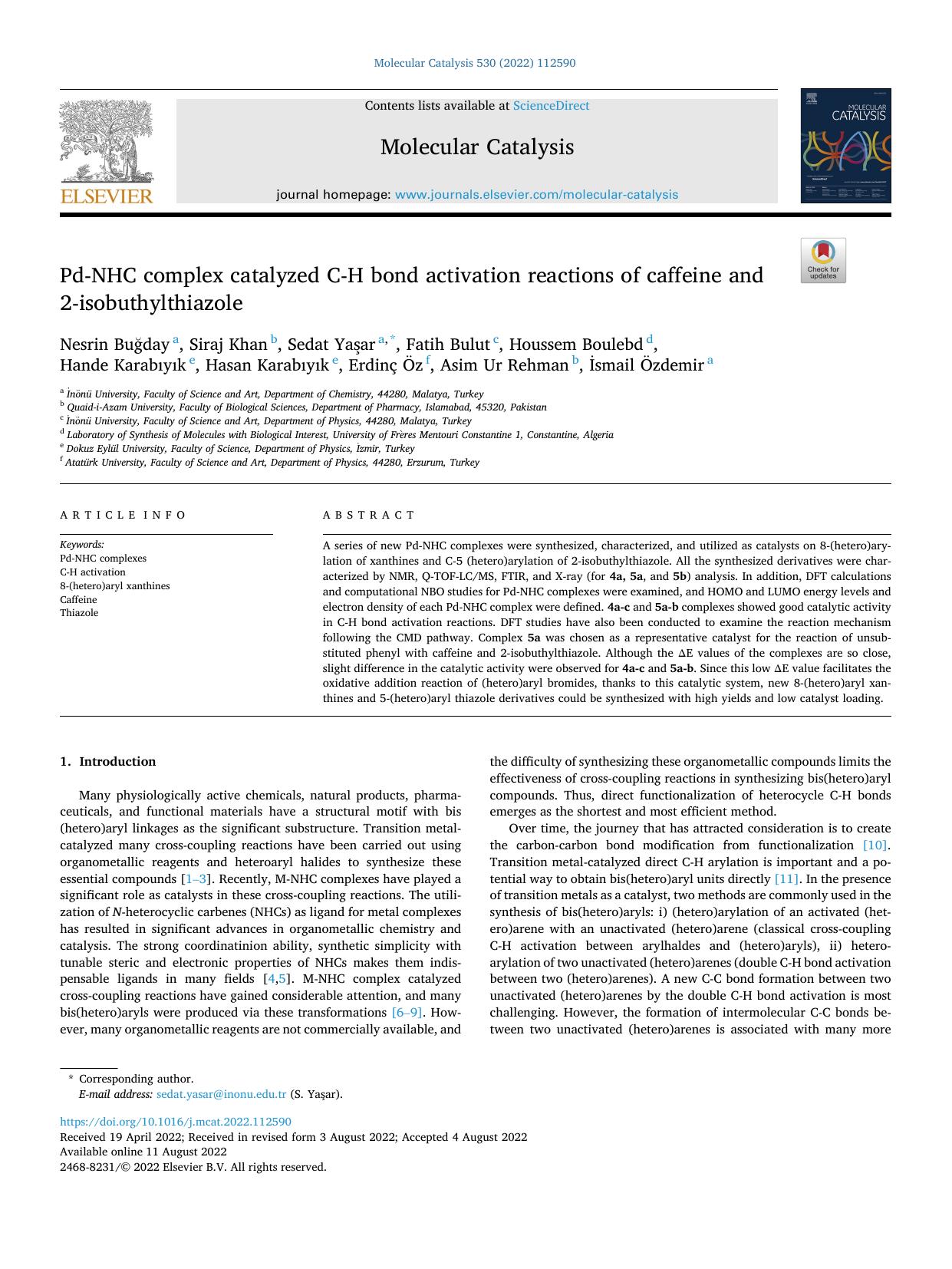 Pd-NHC complex catalyzed C-H bond activation reactions of caffeine and 2-isobuthylthiazole by unknow