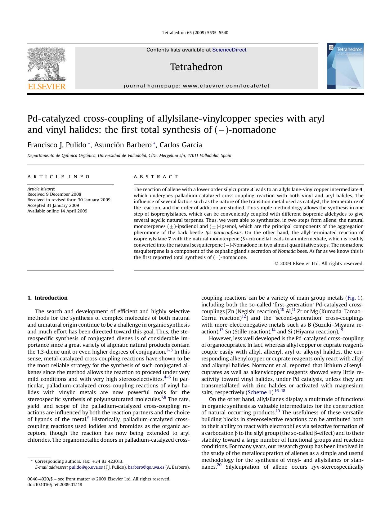 Pd-catalyzed cross-coupling of allylsilane-vinylcopper species with aryl and vinyl halides: the first total synthesis of (-)-nomadone by Francisco J. Pulido; AsunciOn Barbero; Carlos GarcIa