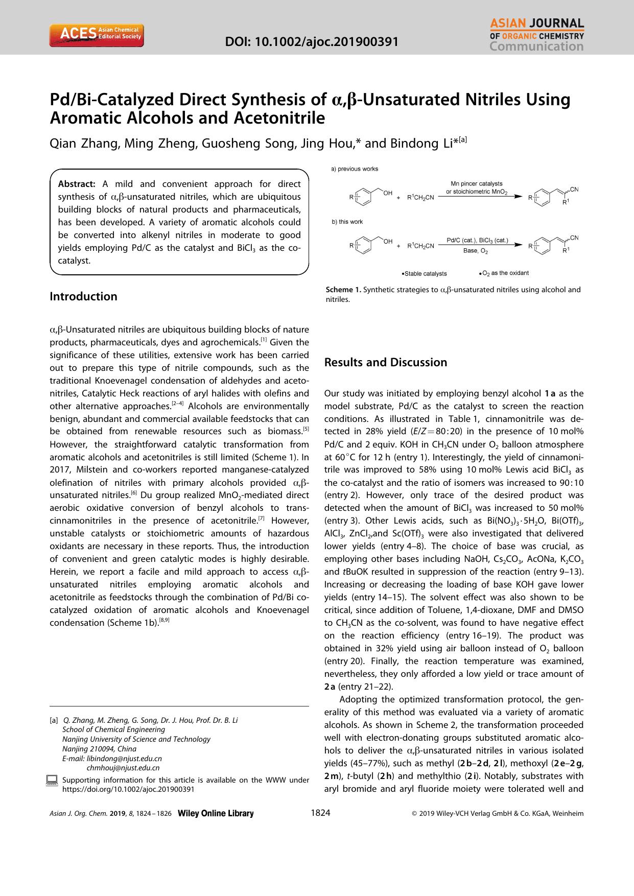 PdBiâCatalyzed Direct Synthesis of Î±,Î²âUnsaturated Nitriles Using Aromatic Alcohols and Acetonitrile by Unknown
