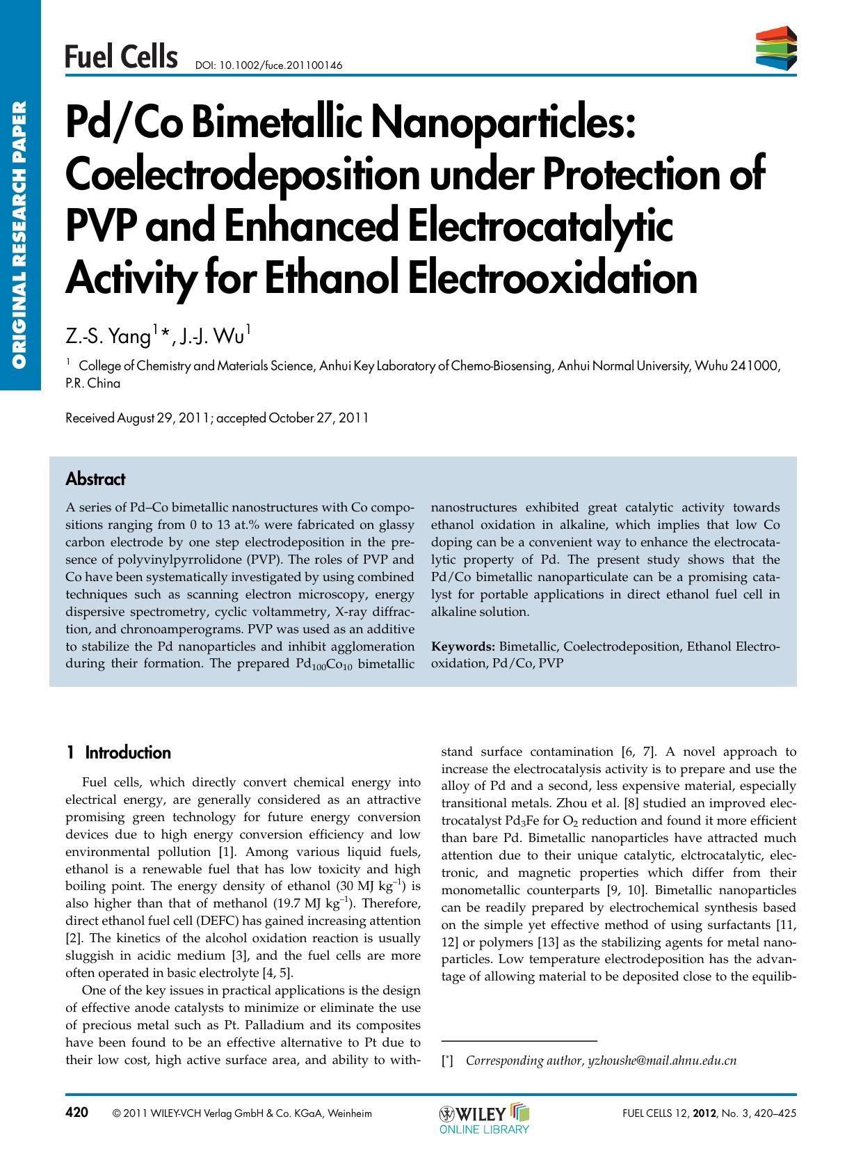 PdCo Bimetallic Nanoparticles: Coelectrodeposition under Protection of PVP and Enhanced Electrocatalytic Activity for Ethanol Electrooxidation by Unknown
