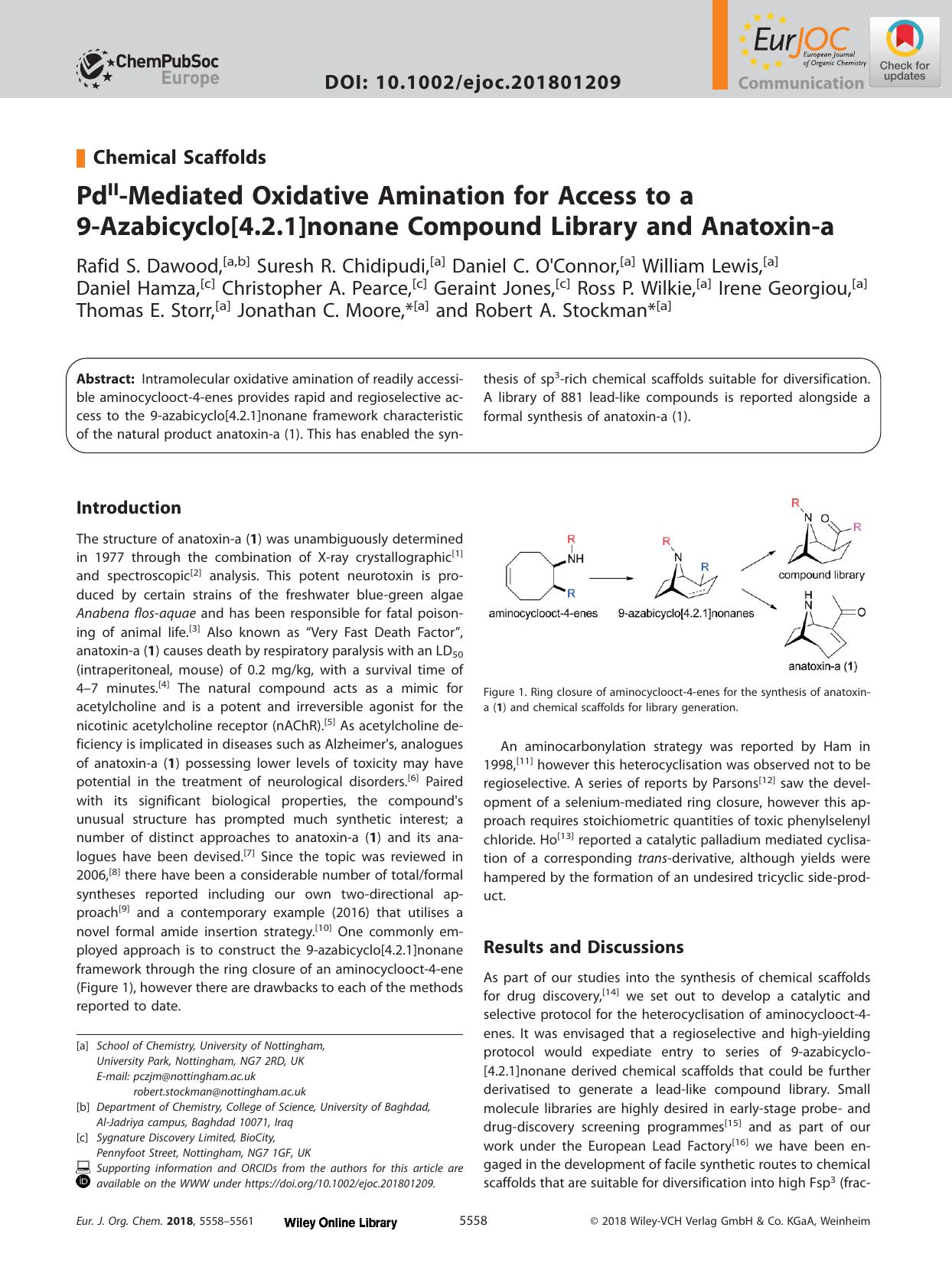 PdIIâMediated Oxidative Amination for Access to a 9âAzabicyclo[4.2.1]nonane Compound Library and Anatoxinâa by Unknown