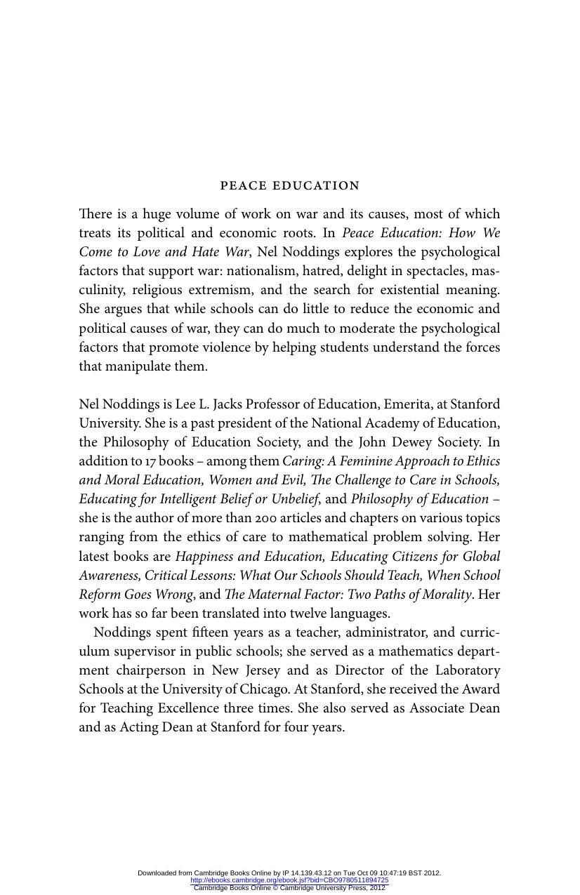 Peace Education: How We Come to Love and Hate War by Nel Noddings