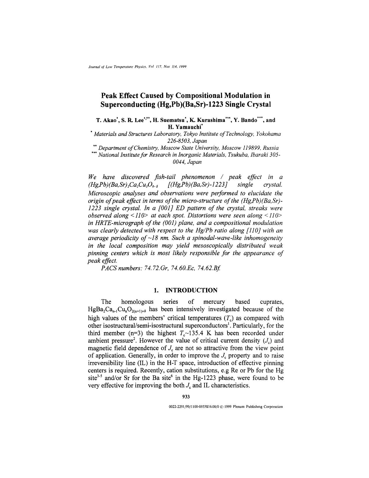 Peak Effect Caused by Compositional Modulation in Superconducting (Hg,Pb)(Ba,Sr)-1223 Single Crystal by Unknown