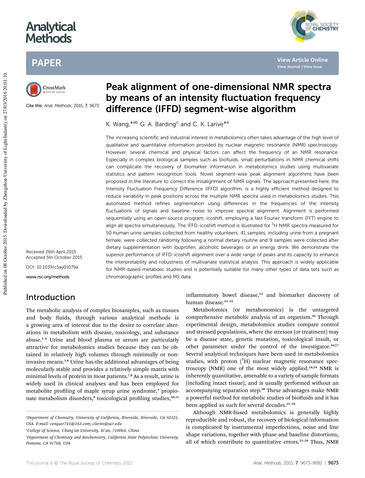 Peak alignment of one-dimensional NMR spectra by means of an intensity fluctuation frequency difference (IFFD) segment-wise algorithm by K. Wang & G. A. Barding & C. K. Larive