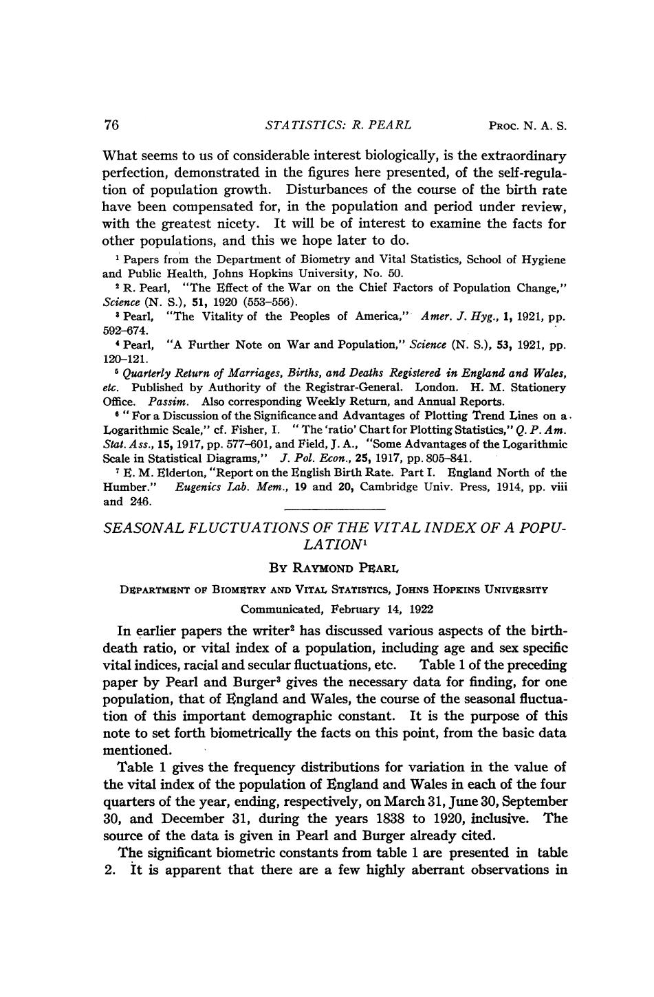 Pearl R. by Statistics Seasonal Fluctuations of the Vital Index of a Population (1922)(3s)
