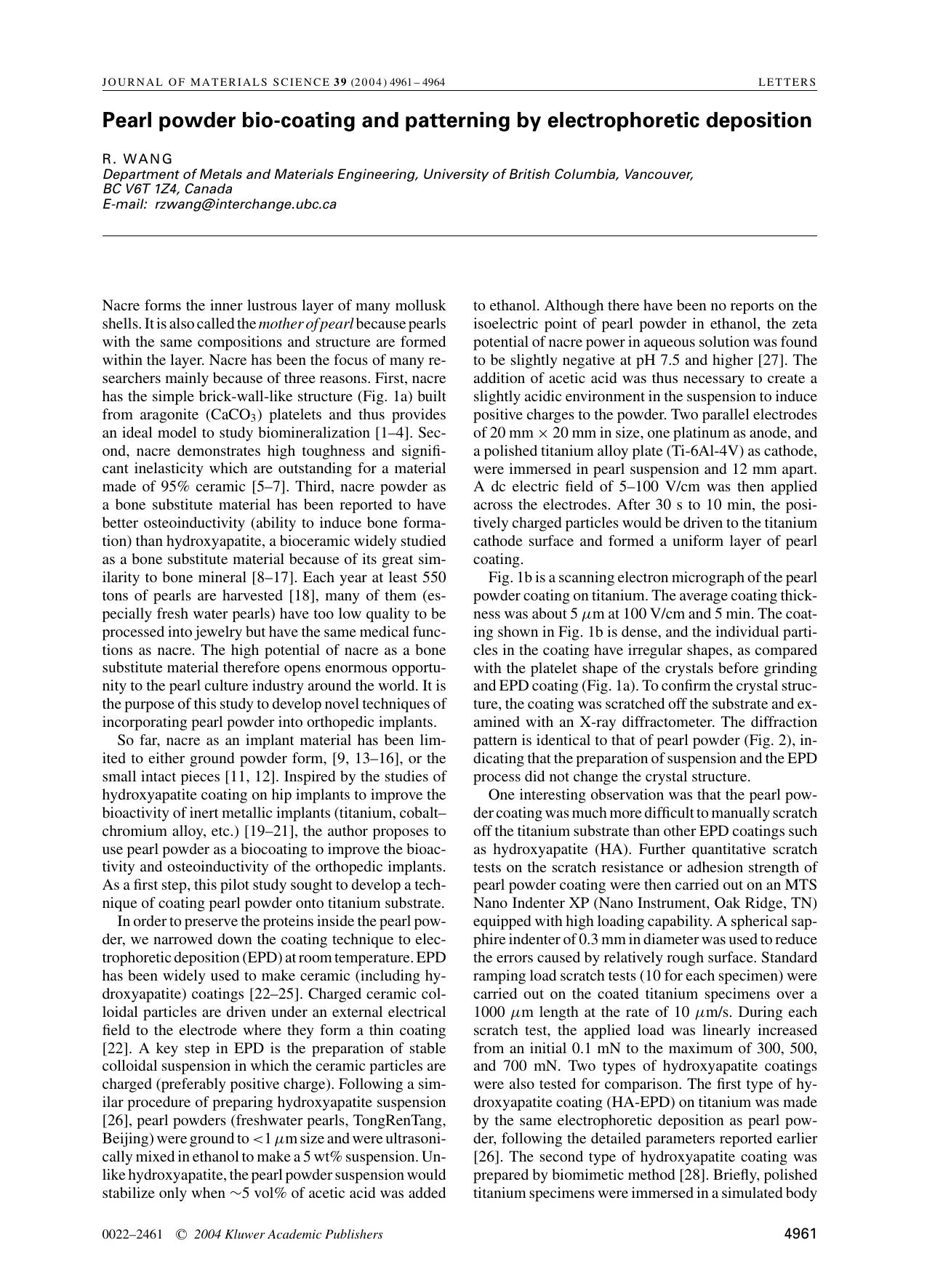 Pearl powder bio-coating and patterning by electrophoretic deposition by Unknown