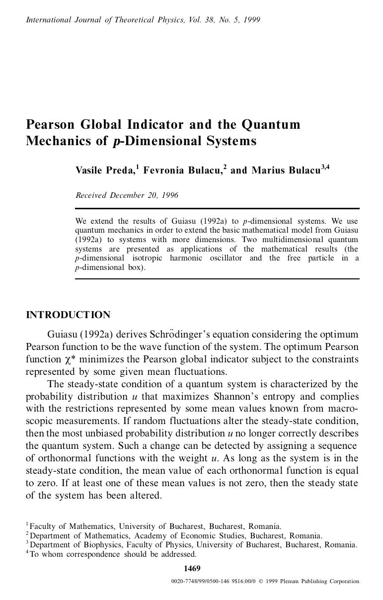 Pearson Global Indicator and the Quantum Mechanics of p-Dimensional Systems by Unknown