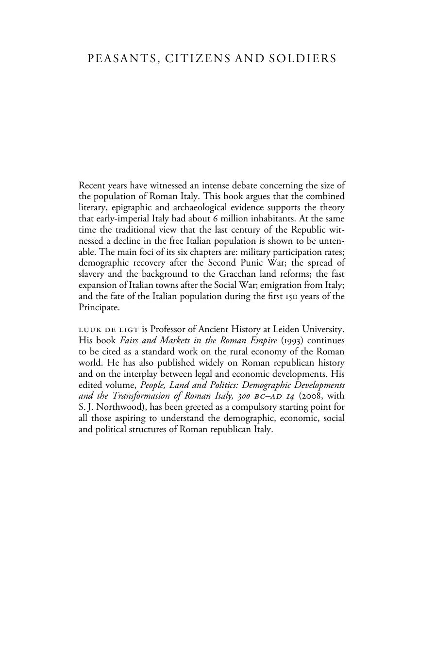 Peasants, Citizens and Soldiers: Studies in the Demographic History of Roman Italy, 225 BCâAD 100 by Luuk de Ligt