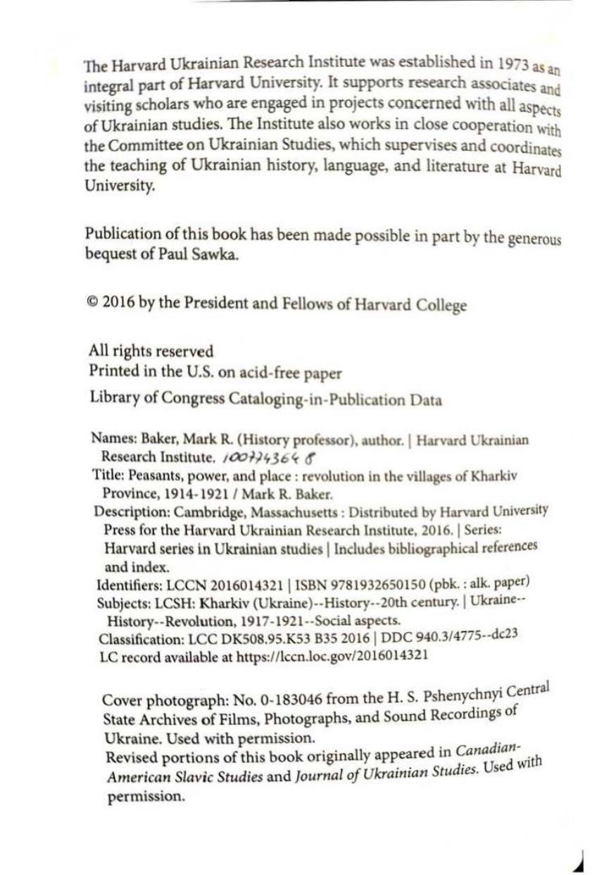 Peasants, Power, and Place: Revolution in the Villages of Kharkiv Province, 1914â1921 (Harvard Series in Ukrainian Studies) by Mark R. Baker