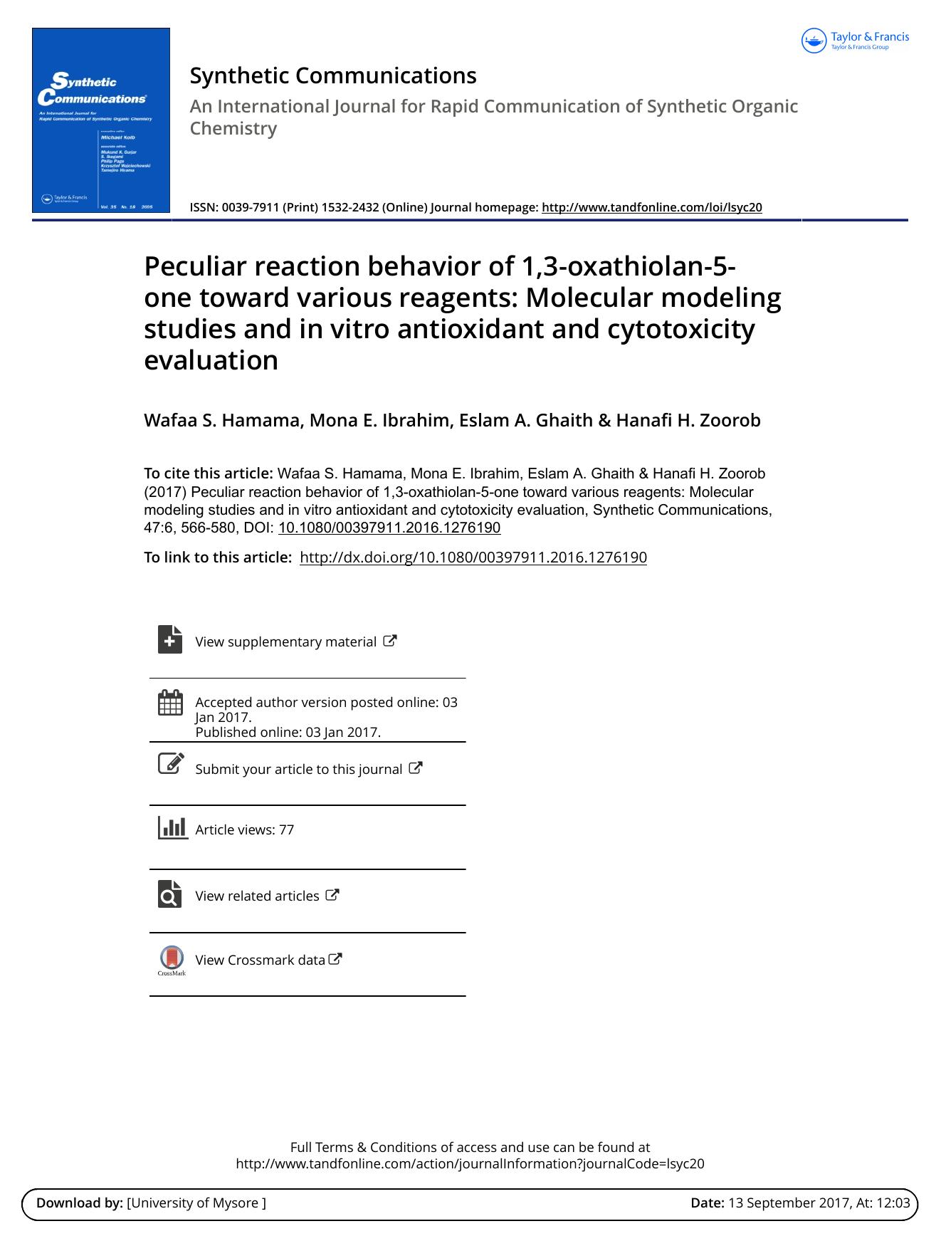 Peculiar reaction behavior of 1,3-oxathiolan-5-one toward various reagents: Molecular modeling studies and in vitro antioxidant and cytotoxicity evaluation by Wafaa S. Hamama
