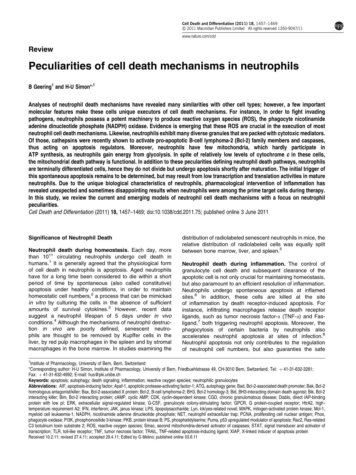 Peculiarities of cell death mechanisms in neutrophils by B Geering & H-U Simon