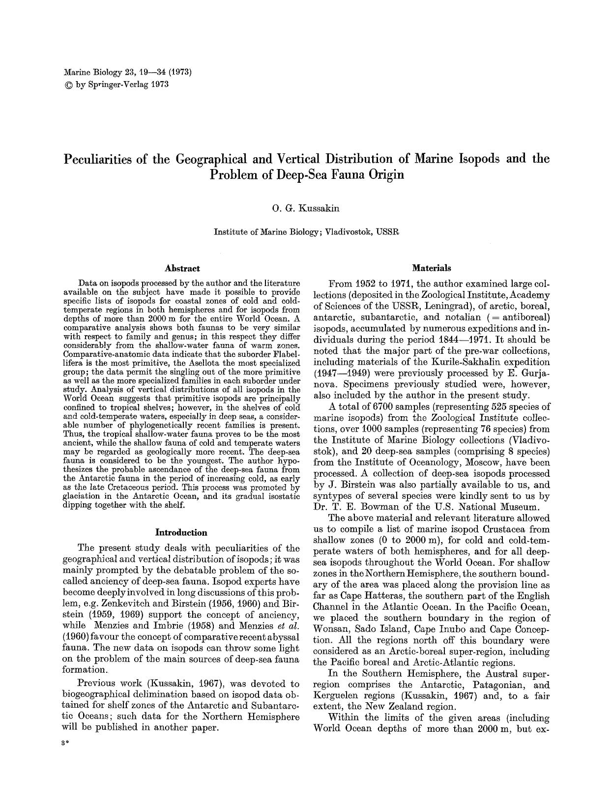 Peculiarities of the geographical and vertical distribution of marine isopods and the problem of deep-sea fauna origin by Unknown