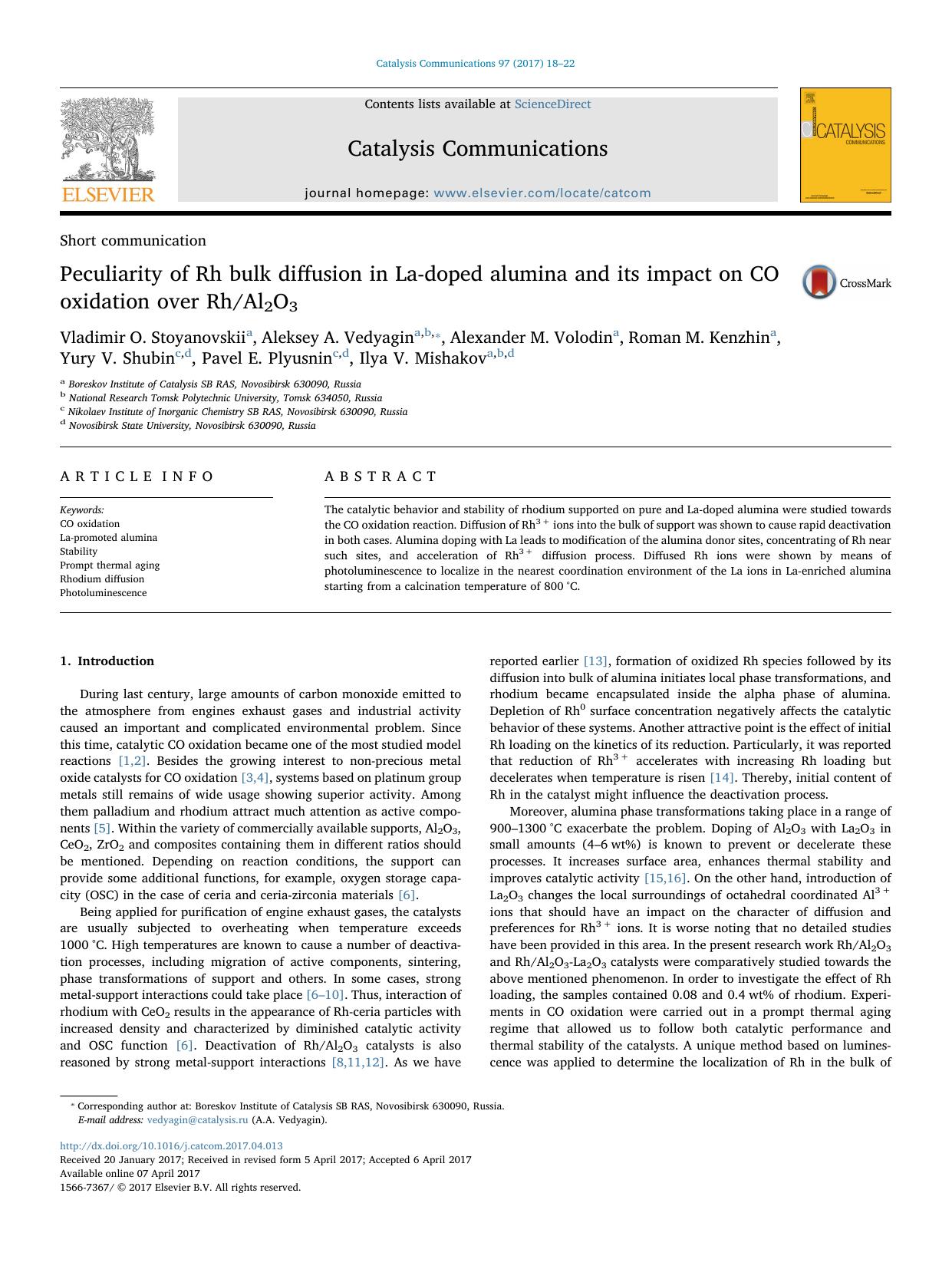 Peculiarity of Rh bulk diffusion in La-doped alumina and its impact on CO oxidation over RhAl2O3 by unknow