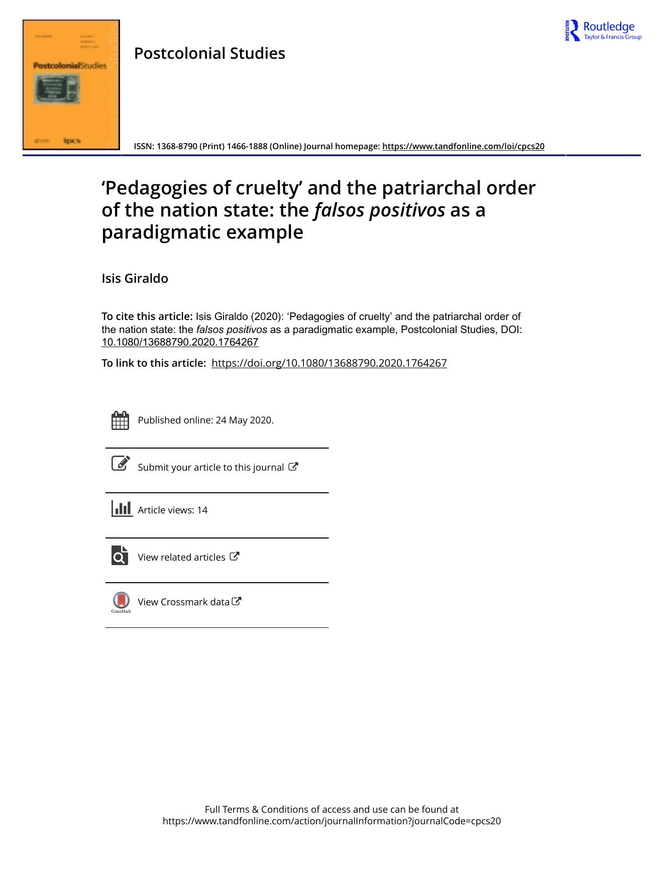 Pedagogies of crueltyâ and the patriarchal order of the nation state: the falsos positivos as a paradigmatic example by Isis Giraldo