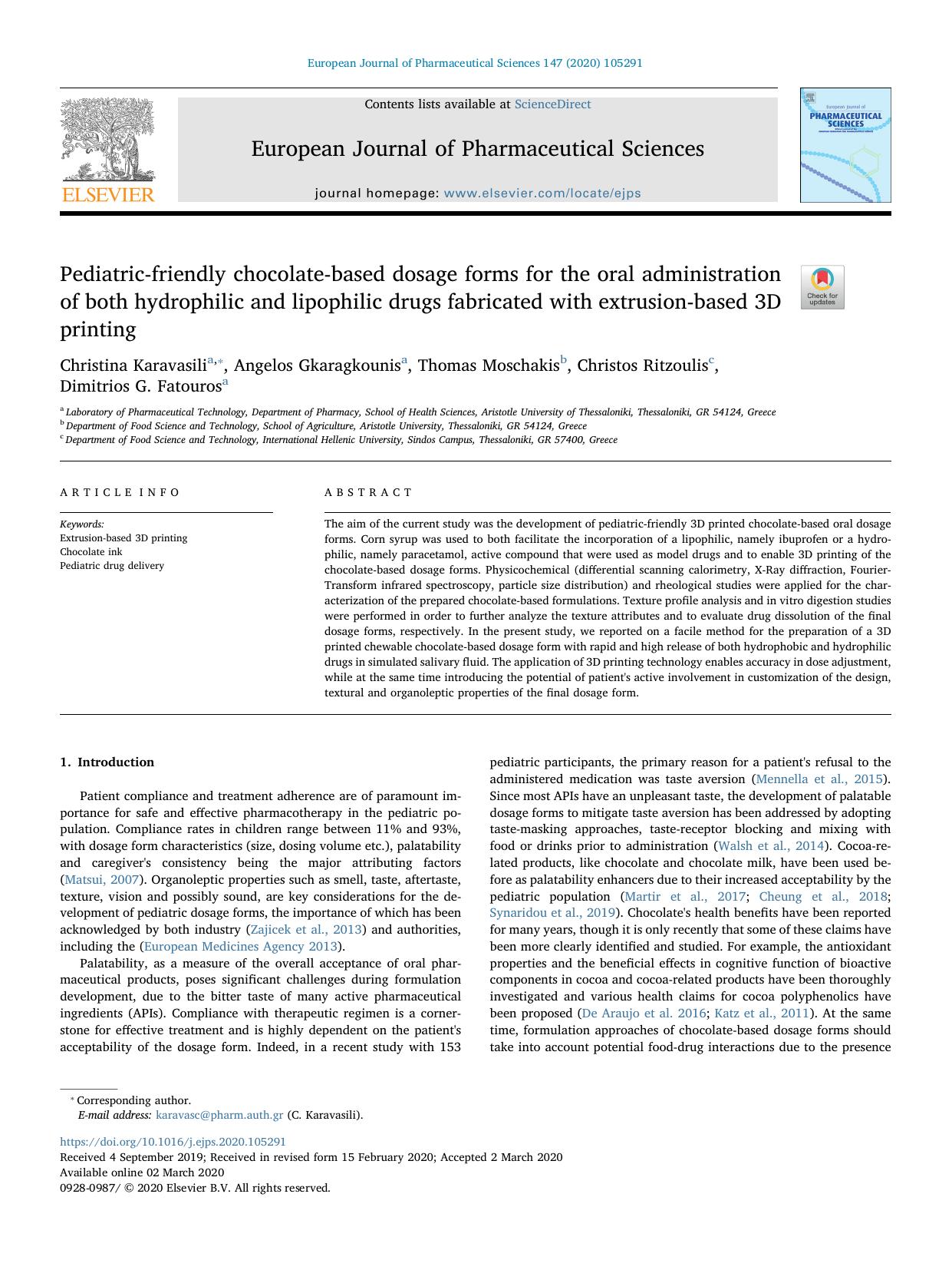 Pediatric-friendly chocolate-based dosage forms for the oral administration of both hydrophilic and lipophilic drugs fabricated with extrusion-based 3D printing by unknow