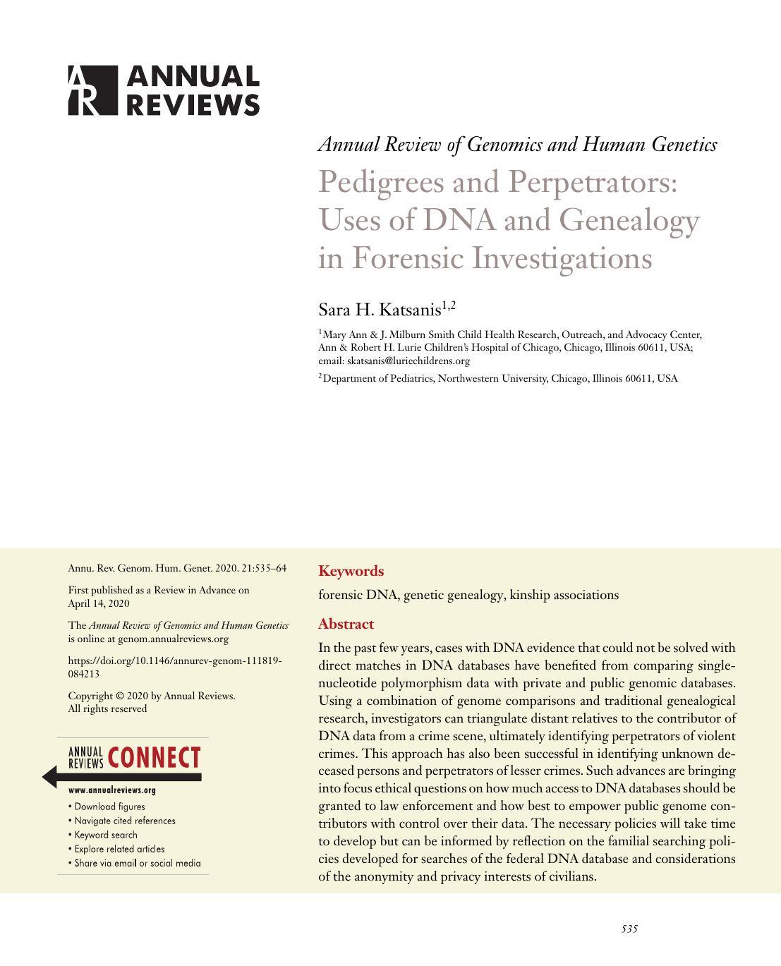 Pedigrees and Perpetrators: Uses of DNA and Genealogy in Forensic Investigations by Sara H. Katsanis