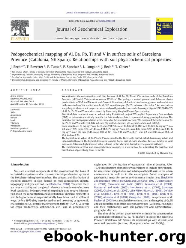 Pedogeochemical mapping of Al, Ba, Pb, Ti and V in surface soils of Barcelona Province (Catalonia, NE Spain): Relationships with soil physicochemical properties by J. Bech & F. Reverter & P. Tume & P. Sanchez & L. Longan & T. Oliver