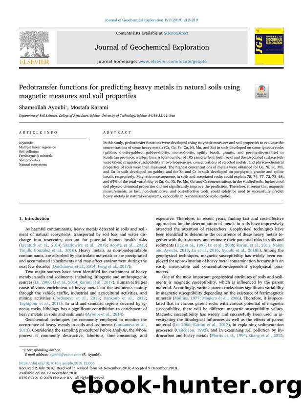 Pedotransfer functions for predicting heavy metals in natural soils using magnetic measures and soil properties by Shamsollah Ayoubi