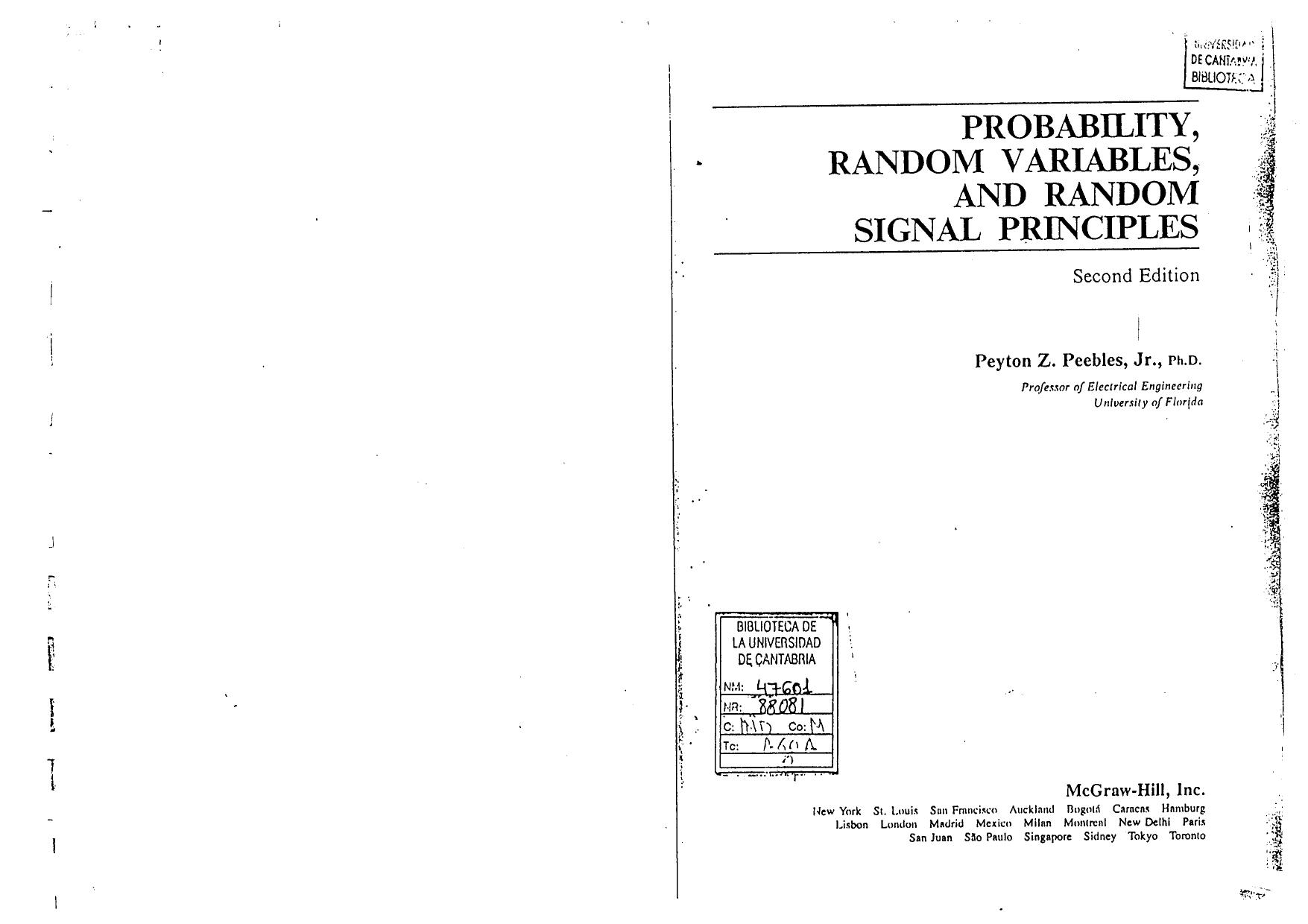 Peebles P Z Probability Random Variables And Random Signal Principles 2nd Ed by Unknown