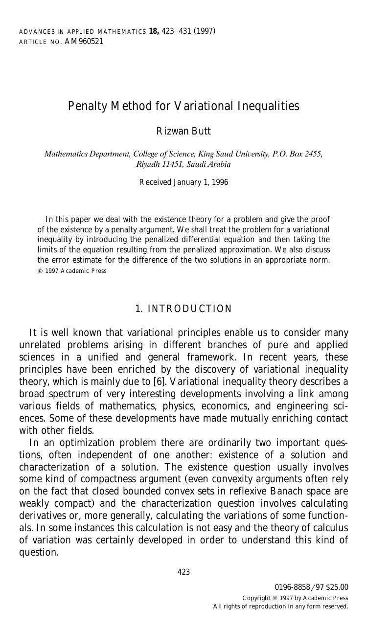 Penalty Method for Variational Inequalities by Butt R