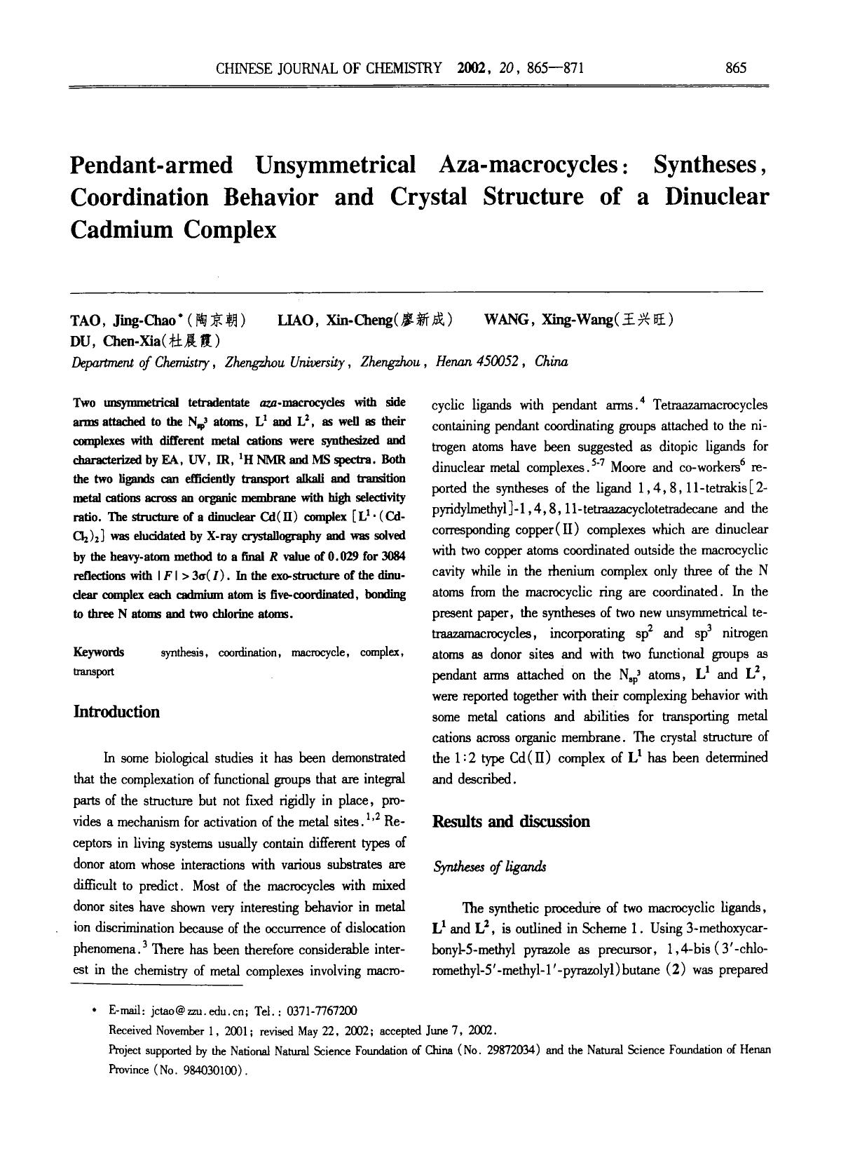 Pendantarmed Unsymmetrical Azamacrocycles: Syntheses, Coordination Behavior and Crystal Structure of a Dinuclear Cadmium Complex by Unknown