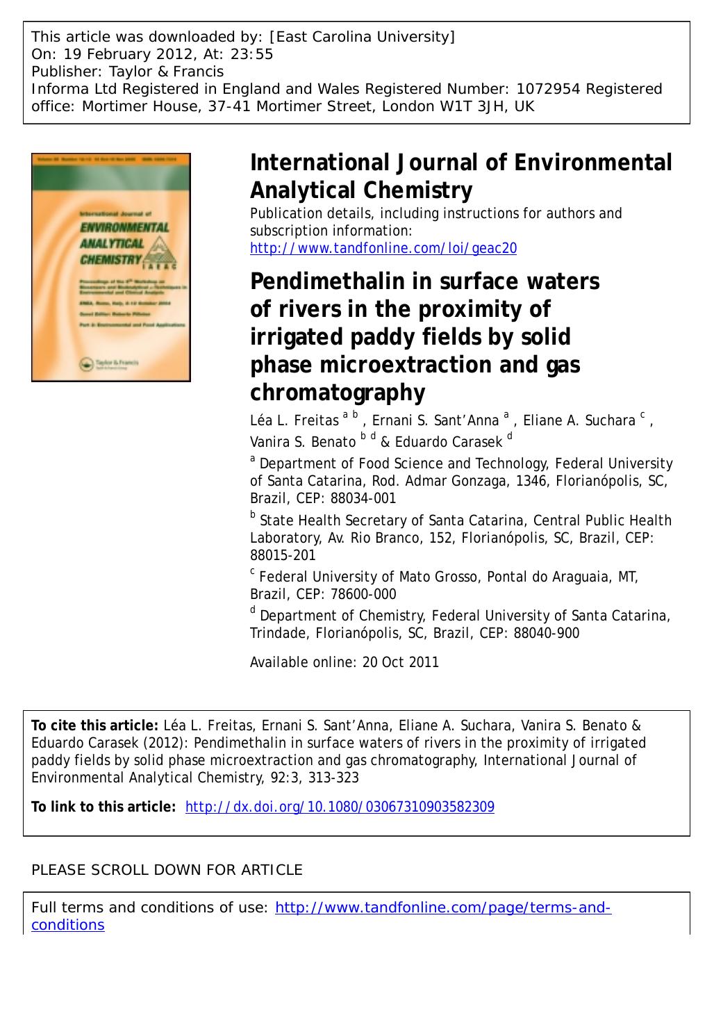 Pendimethalin in surface waters of rivers in the proximity of irrigated paddy fields by solid phase microextraction and gas chromatography by unknow