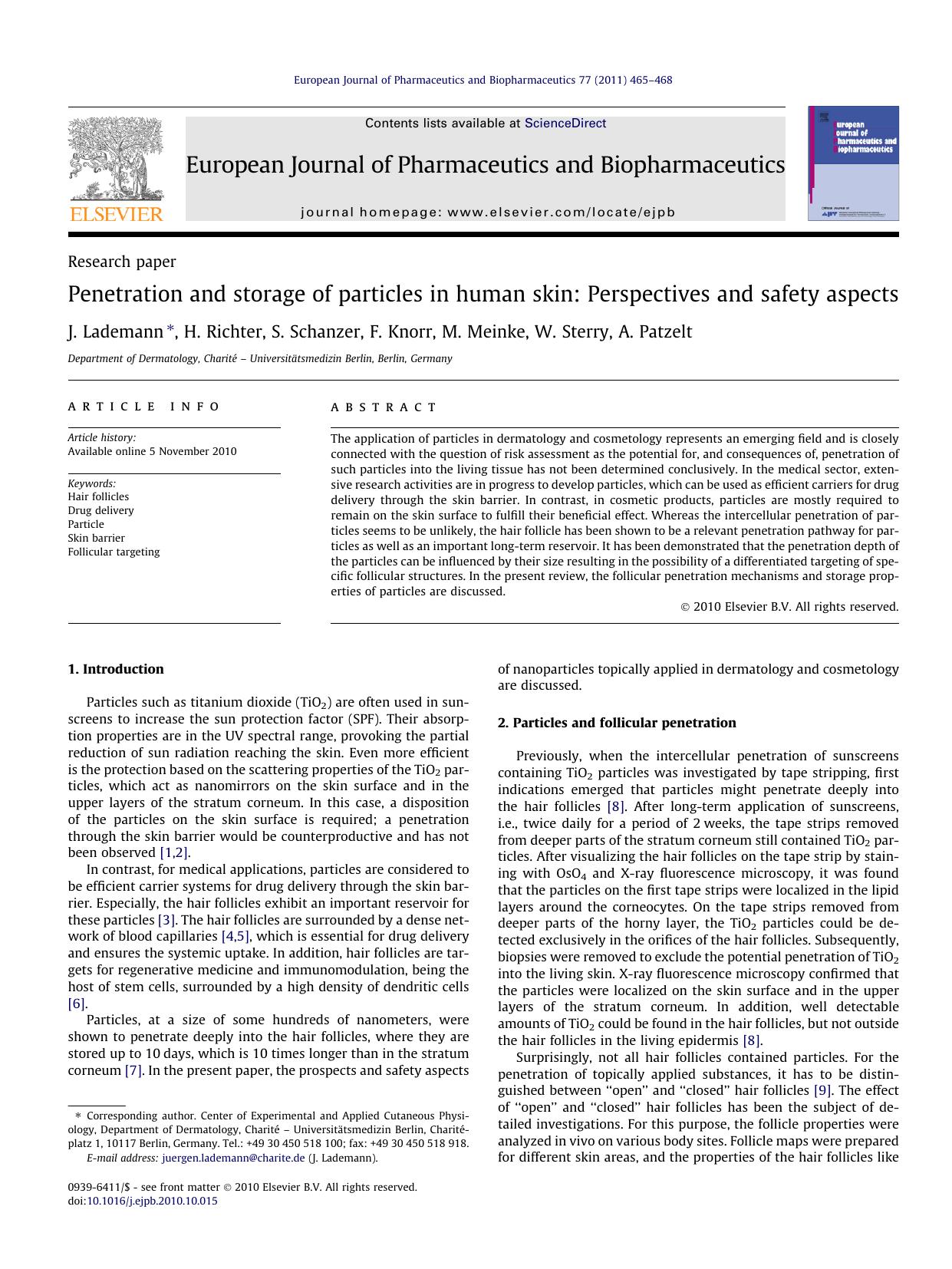 Penetration and storage of particles in human skin: Perspectives and safety aspects by J. Lademann & H. Richter & S. Schanzer & F. Knorr & M. Meinke & W. Sterry & A. Patzelt