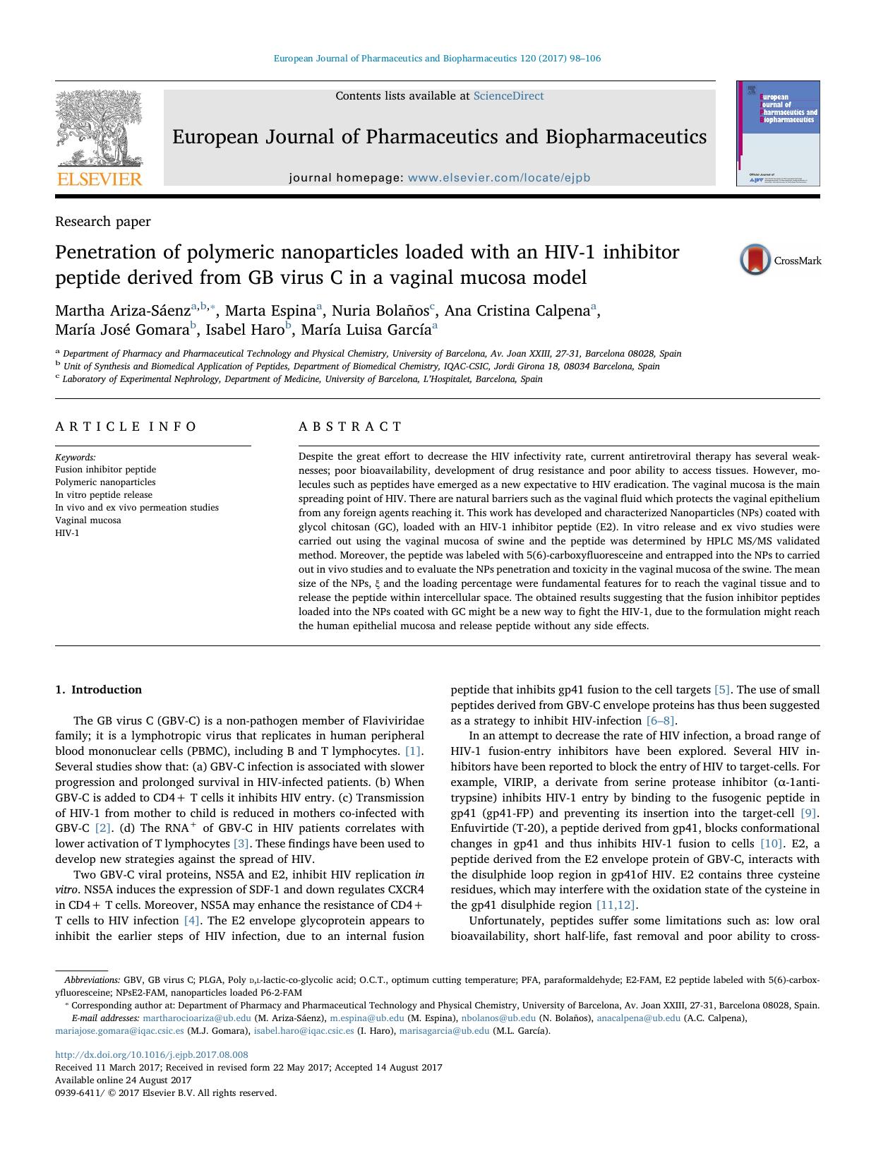 Penetration of polymeric nanoparticles loaded with an HIV-1 inhibitor peptide derived from GB virus C in a vaginal mucosa model by unknow