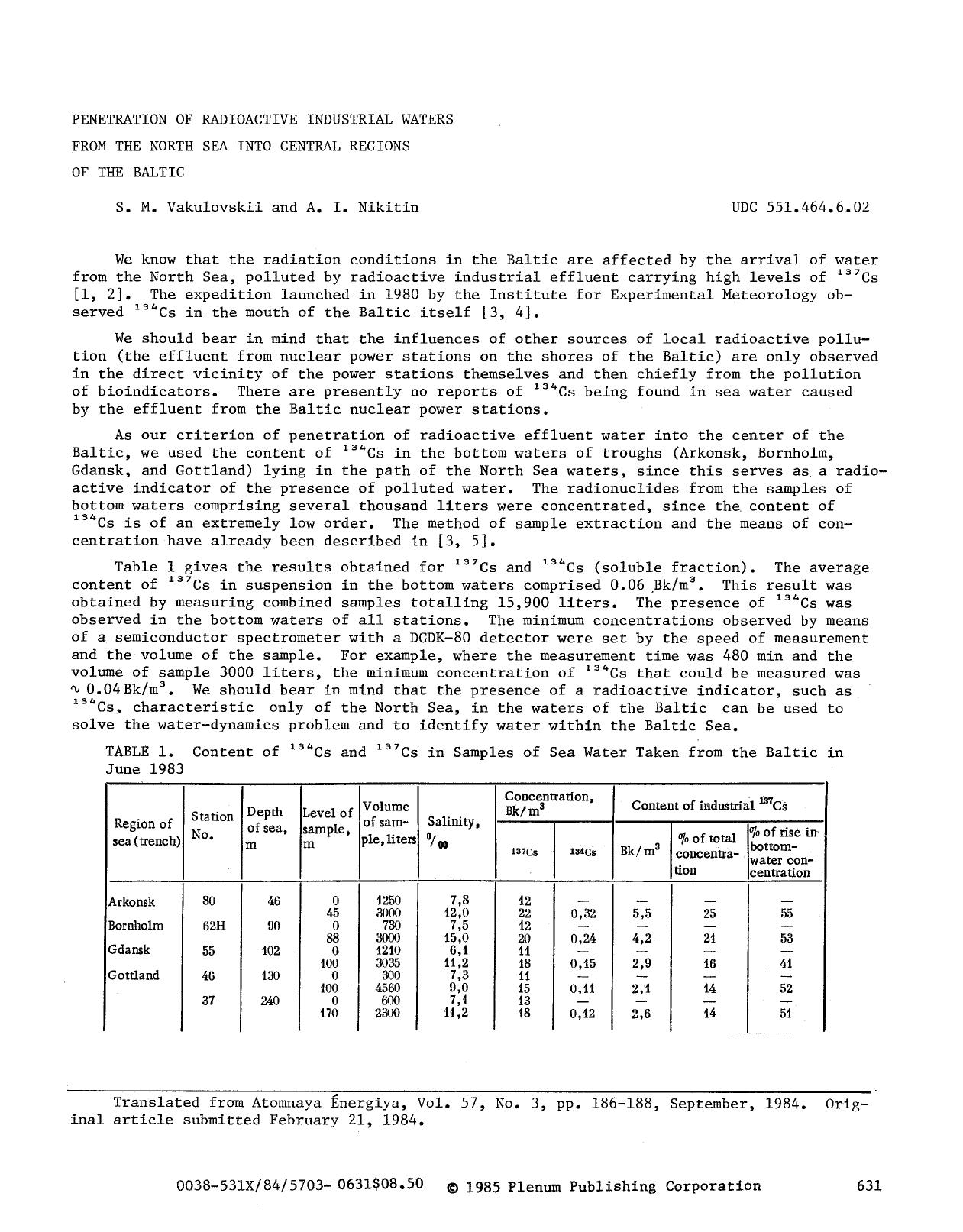 Penetration of radiactive industrial waters from the North Sea into central regions of the Baltic by Unknown
