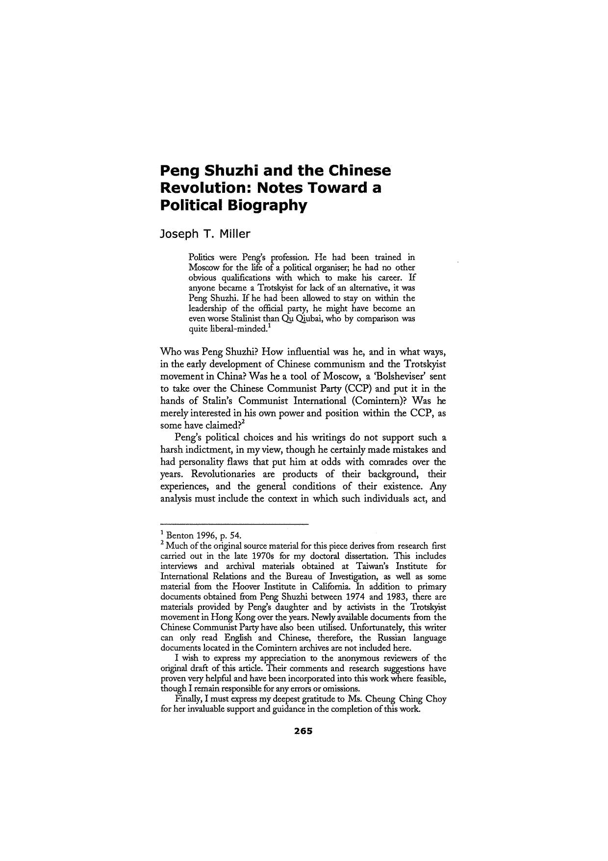 Peng Shuzhi and the Chinese Revolution: Notes Toward a Political Biography by Joseph T. Miller