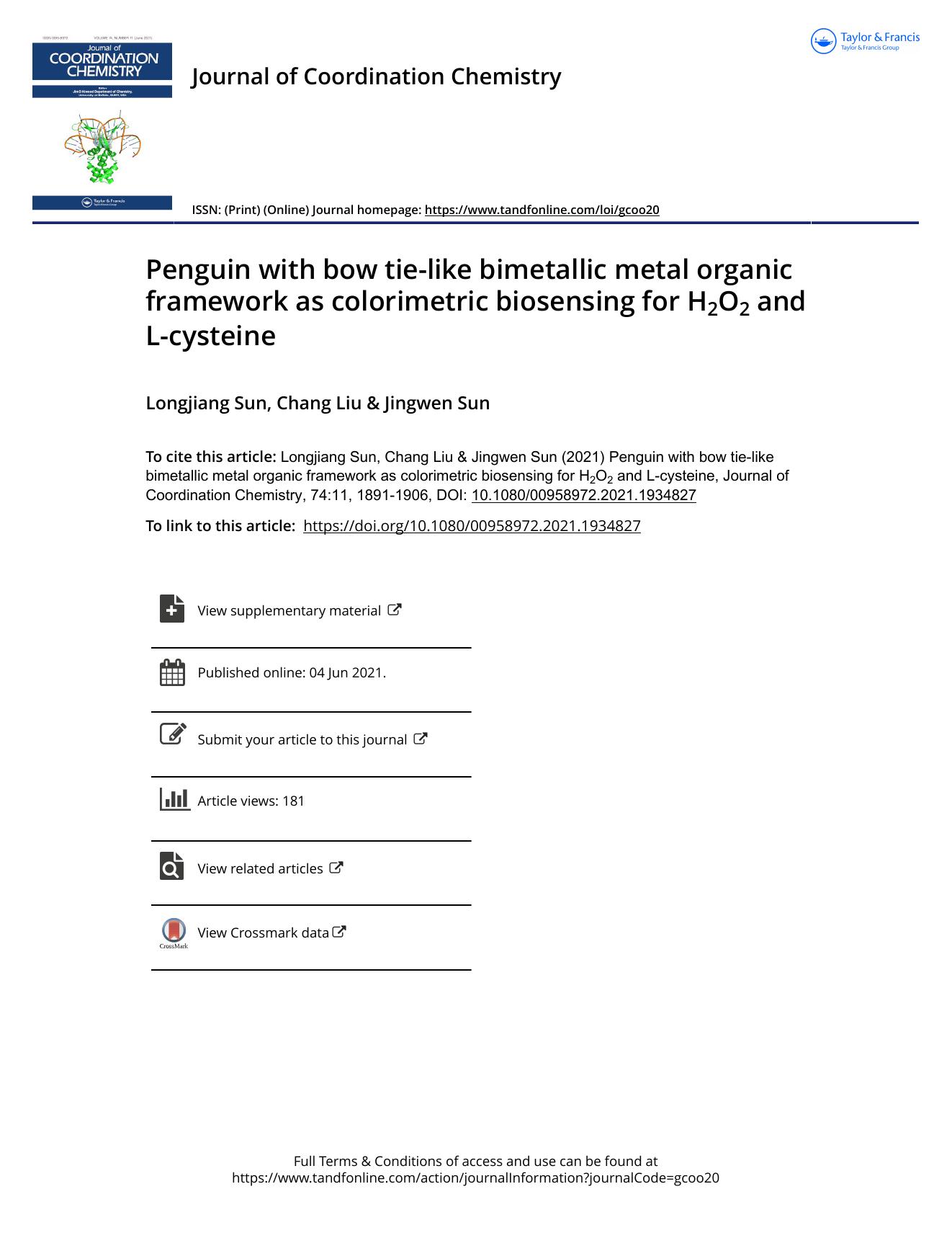 Penguin with bow tie-like bimetallic metal organic framework as colorimetric biosensing for H2O2 and L-cysteine by Sun Longjiang & Liu Chang & Sun Jingwen