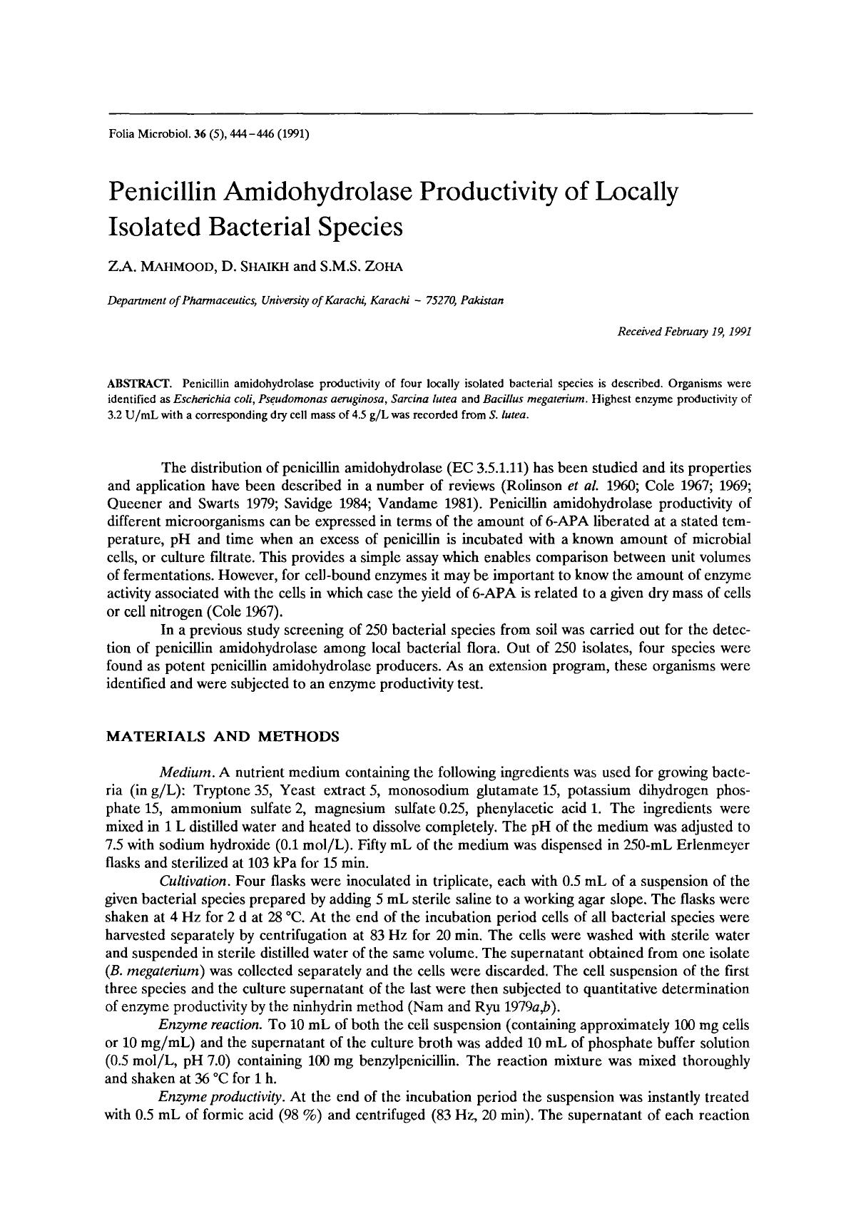 Penicillin amidohydrolase productivity of locally isolated bacterial species by Unknown