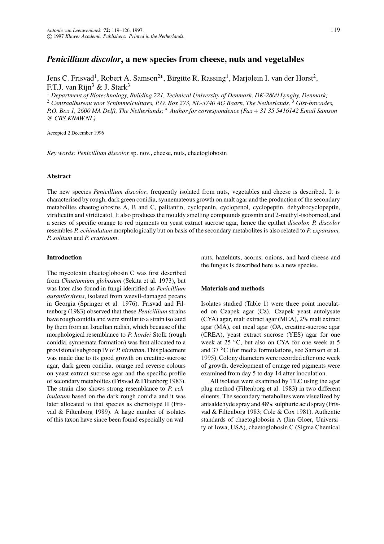 Penicillium discolor, a new species from cheese, nuts and vegetables by Unknown