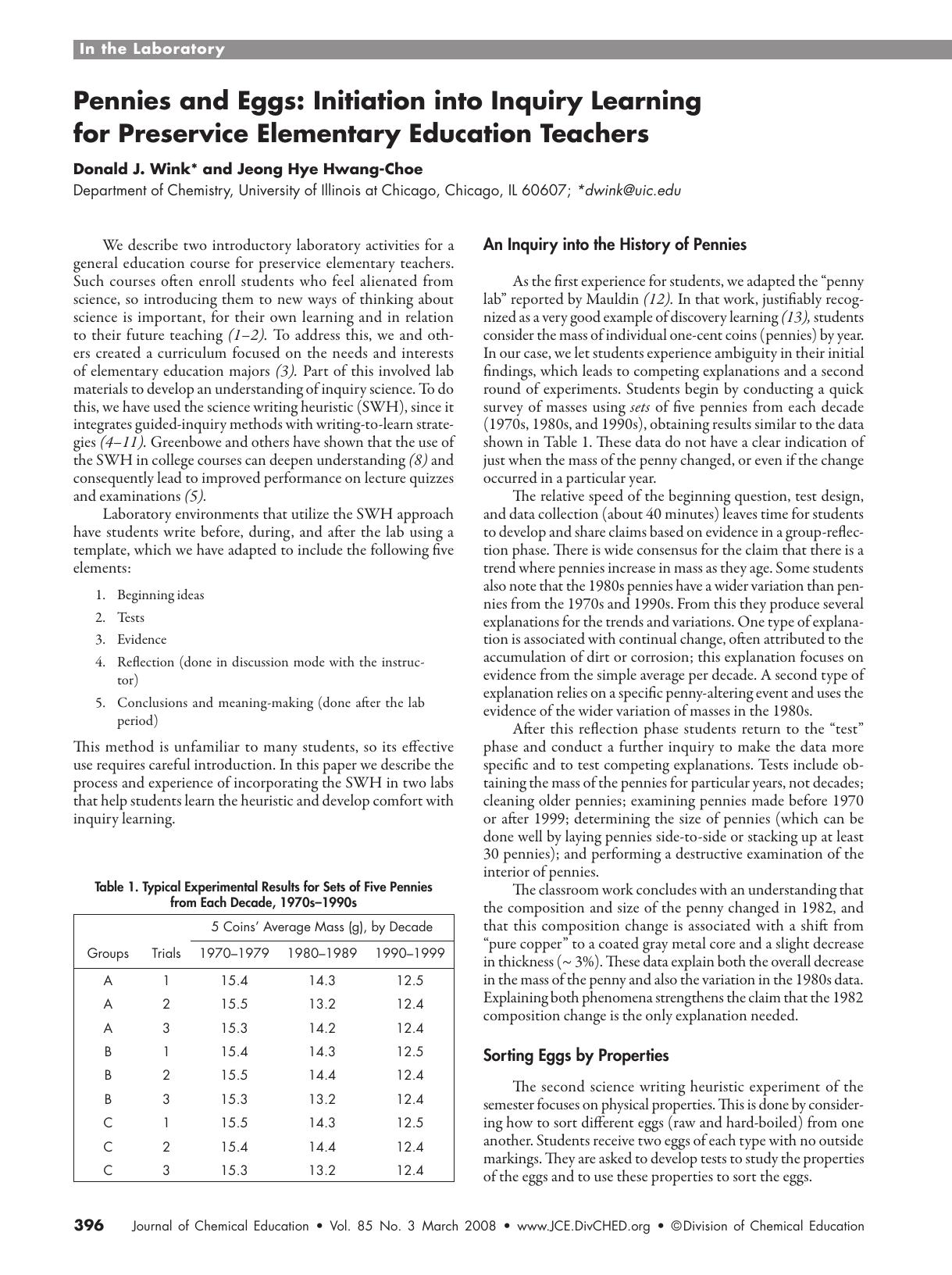Pennies and Eggs: Initiation into Inquiry Learning for Preservice Elementary Education Teachers by Donald J. Wink and Jeong Hye Hwang