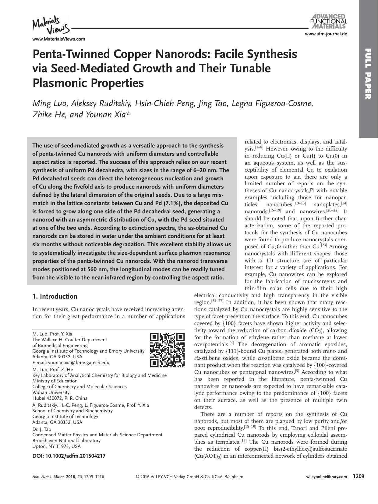 Penta‐Twinned Copper Nanorods: Facile Synthesis via Seed‐Mediated Growth and Their Tunable Plasmonic Properties by Unknown
