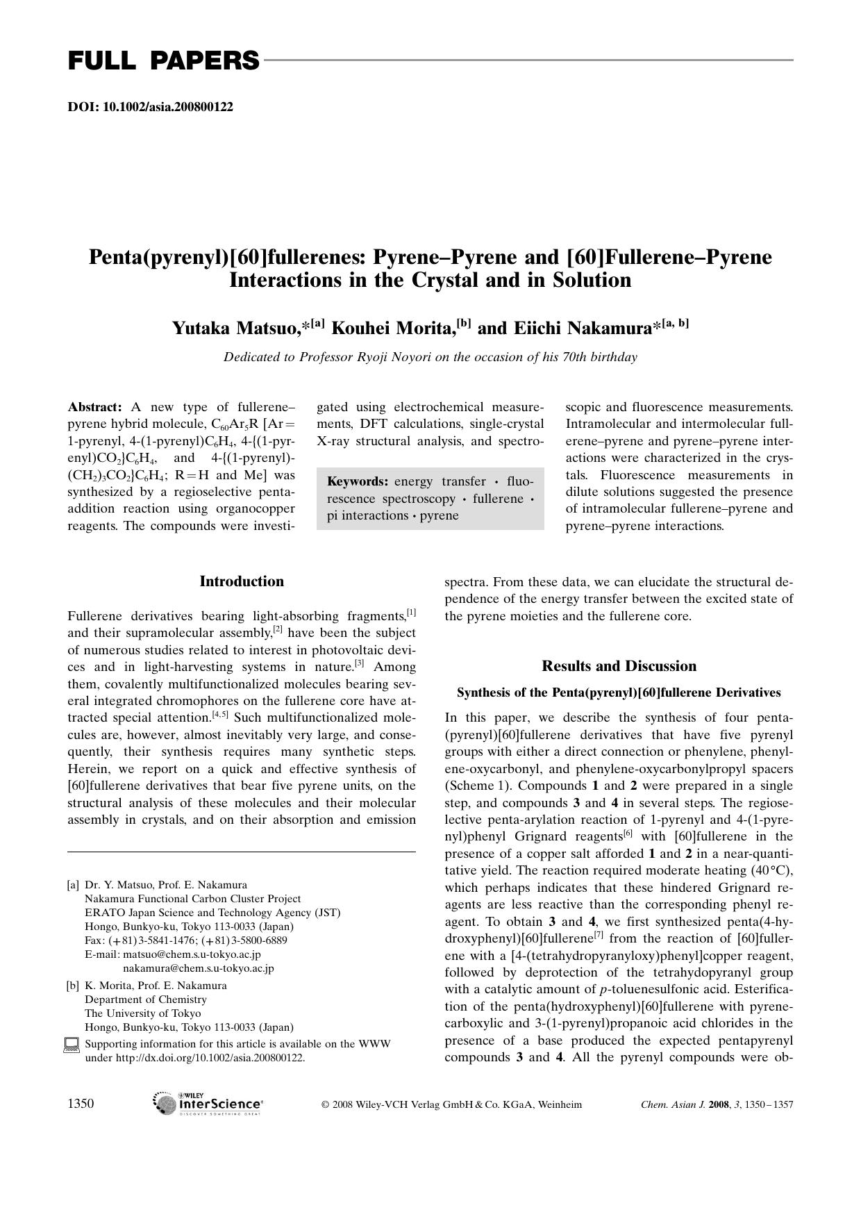 Penta(pyrenyl)[60]fullerenes: Pyrene-Pyrene and [60]Fullerene-Pyrene Interactions in the Crystal and in Solution by Unknown