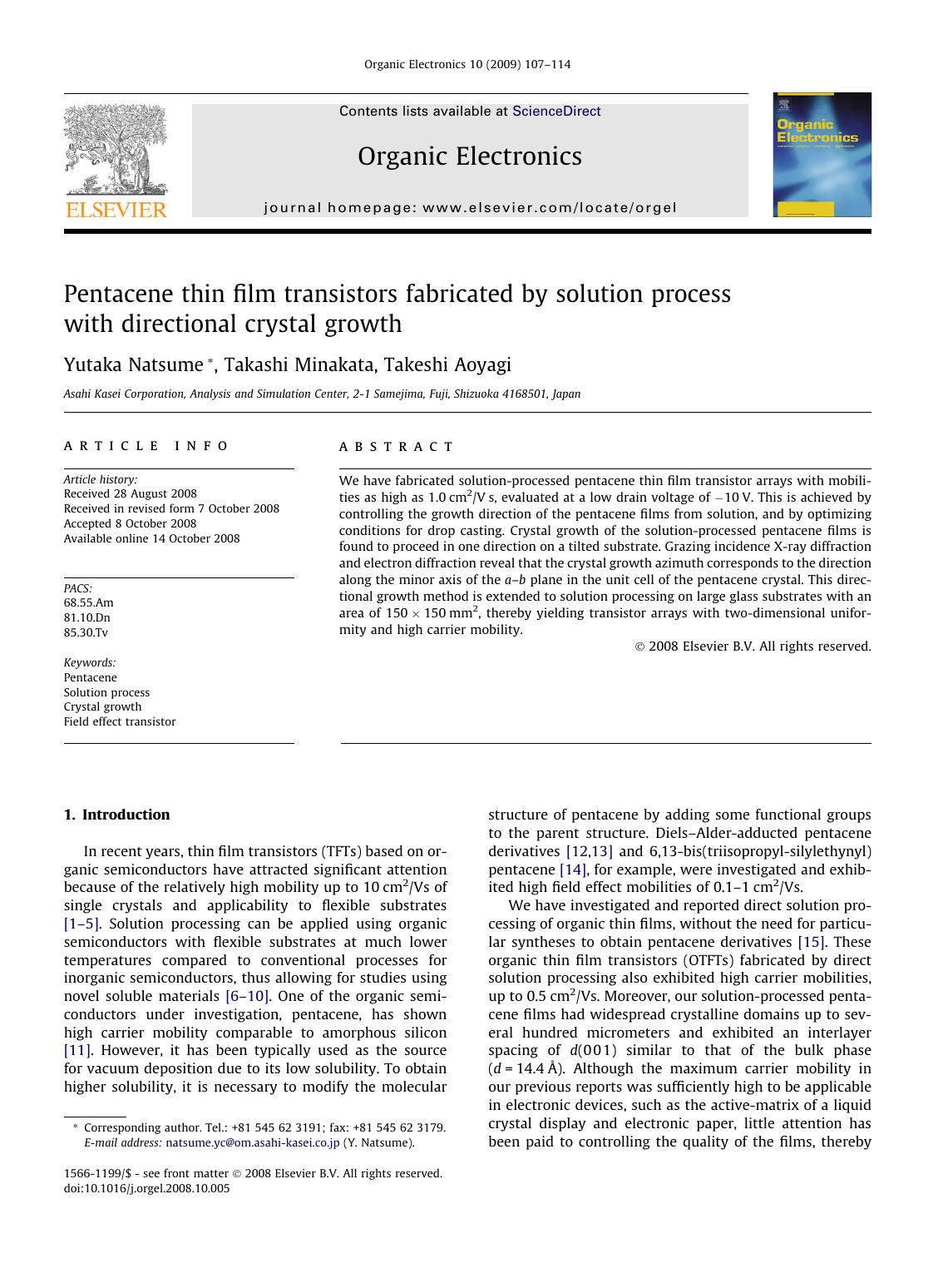 Pentacene thin film transistors fabricated by solution process with directional crystal growth by Yutaka Natsume; Takashi Minakata; Takeshi Aoyagi