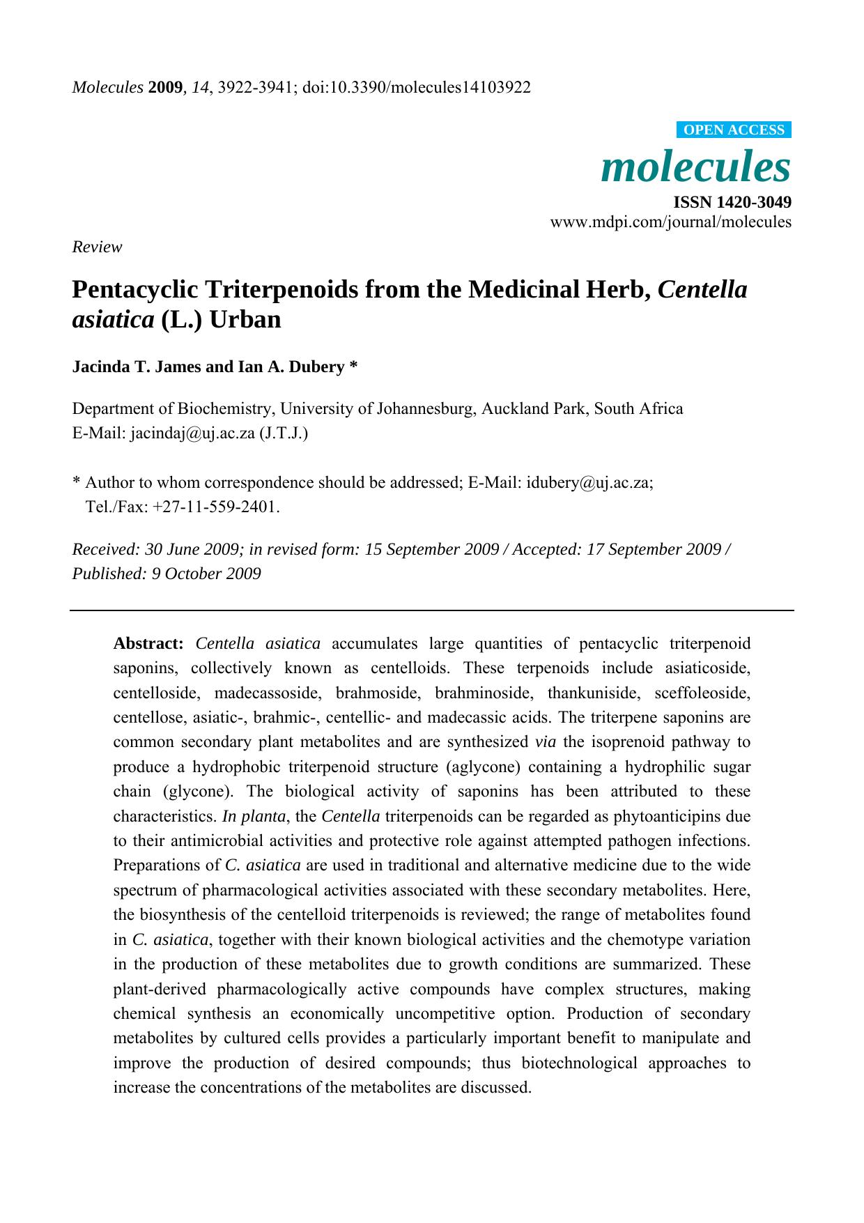 Pentacyclic Triterpenoids from the Medicinal Herb, Centella asiatica (L.) Urban by Jacinda T. James & Ian A. Dubery