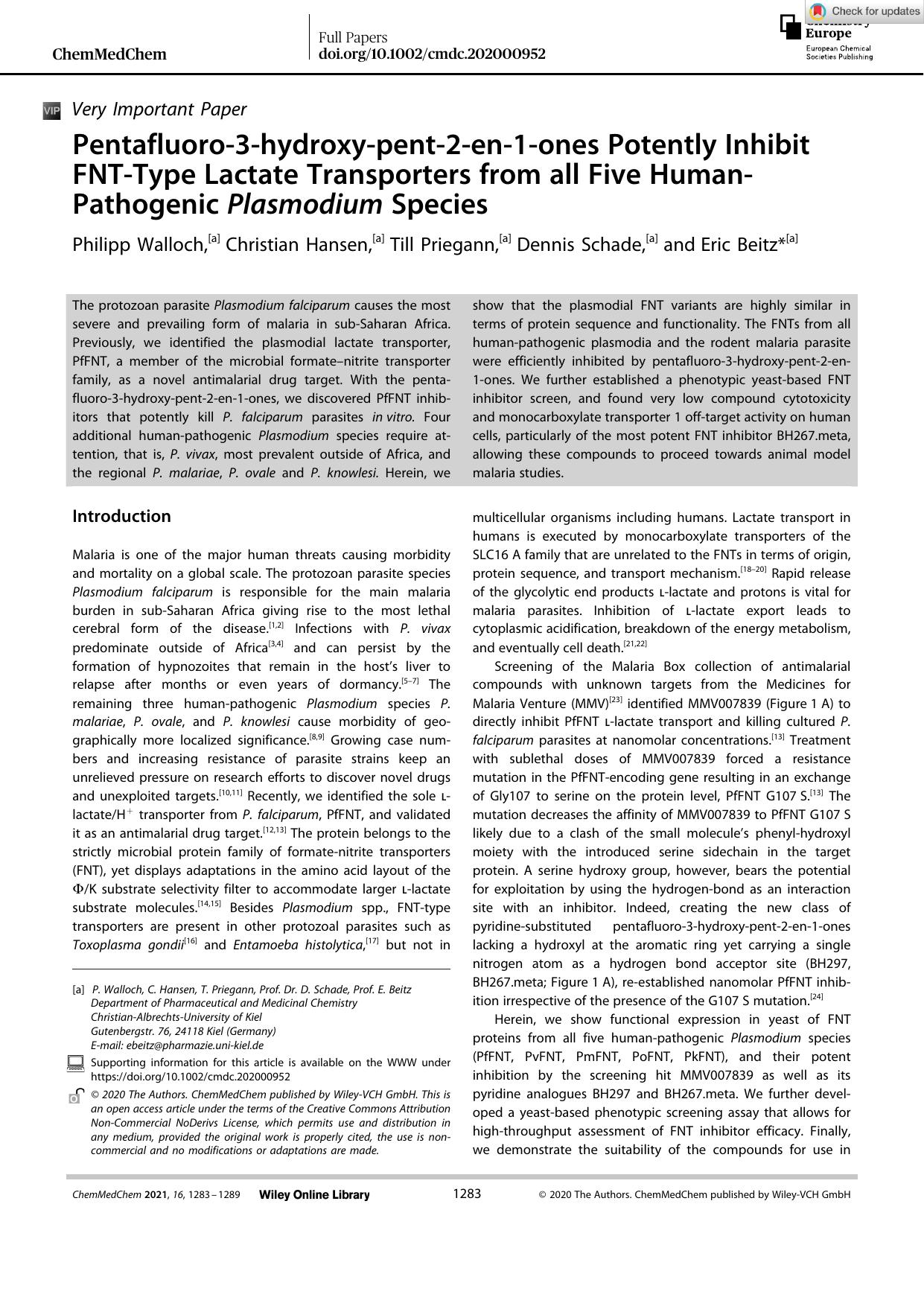 Pentafluoroâ3âhydroxyâpentâ2âenâ1âones Potently Inhibit FNTâType Lactate Transporters from all Five HumanâPathogenic Plasmodium Species by Unknown