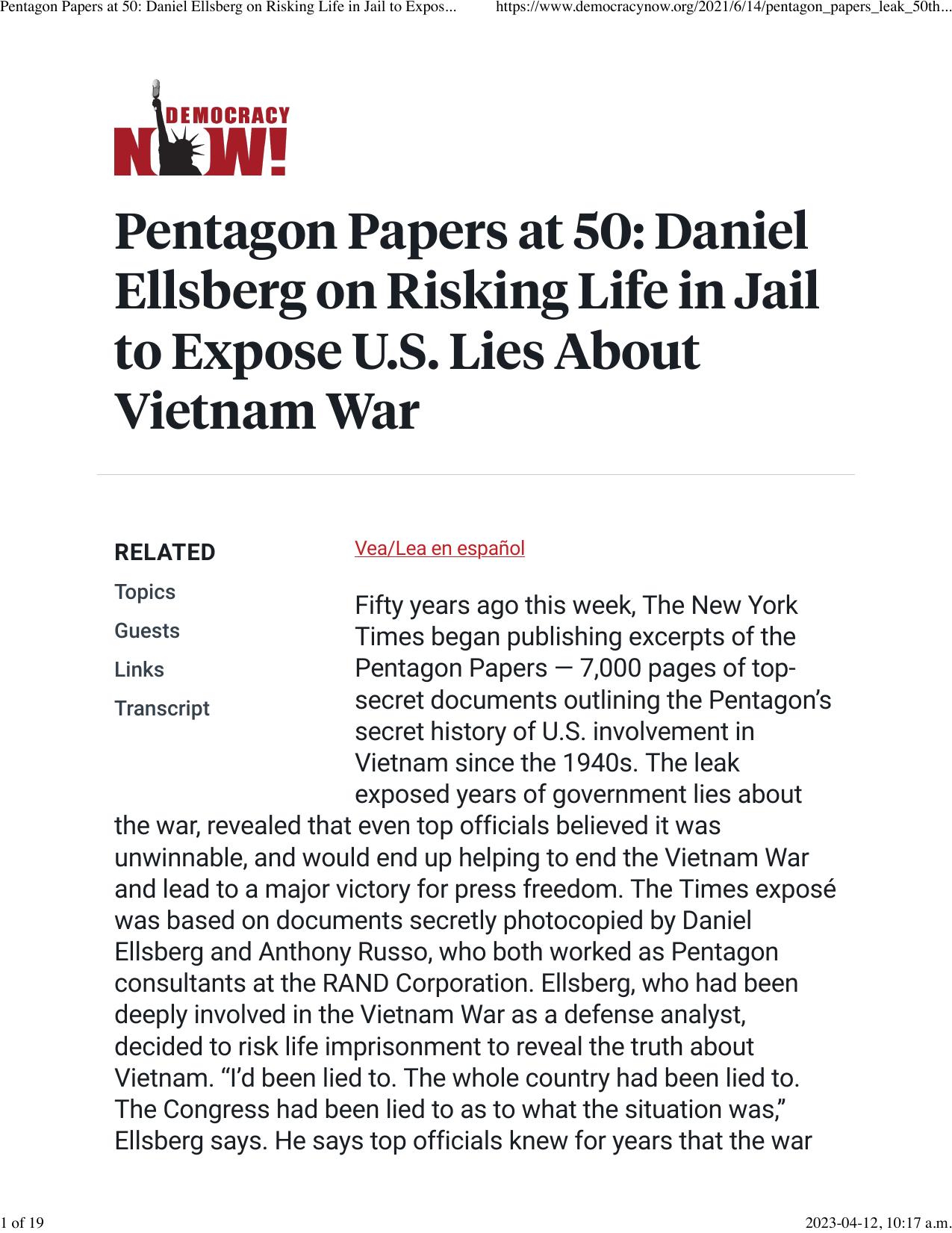 Pentagon Papers at 50: Daniel Ellsberg on Risking Life in Jail to Expose U.S. Lies About Vietnam War | Democracy Now! by Interview & Democracy Now Part 1 (2021)