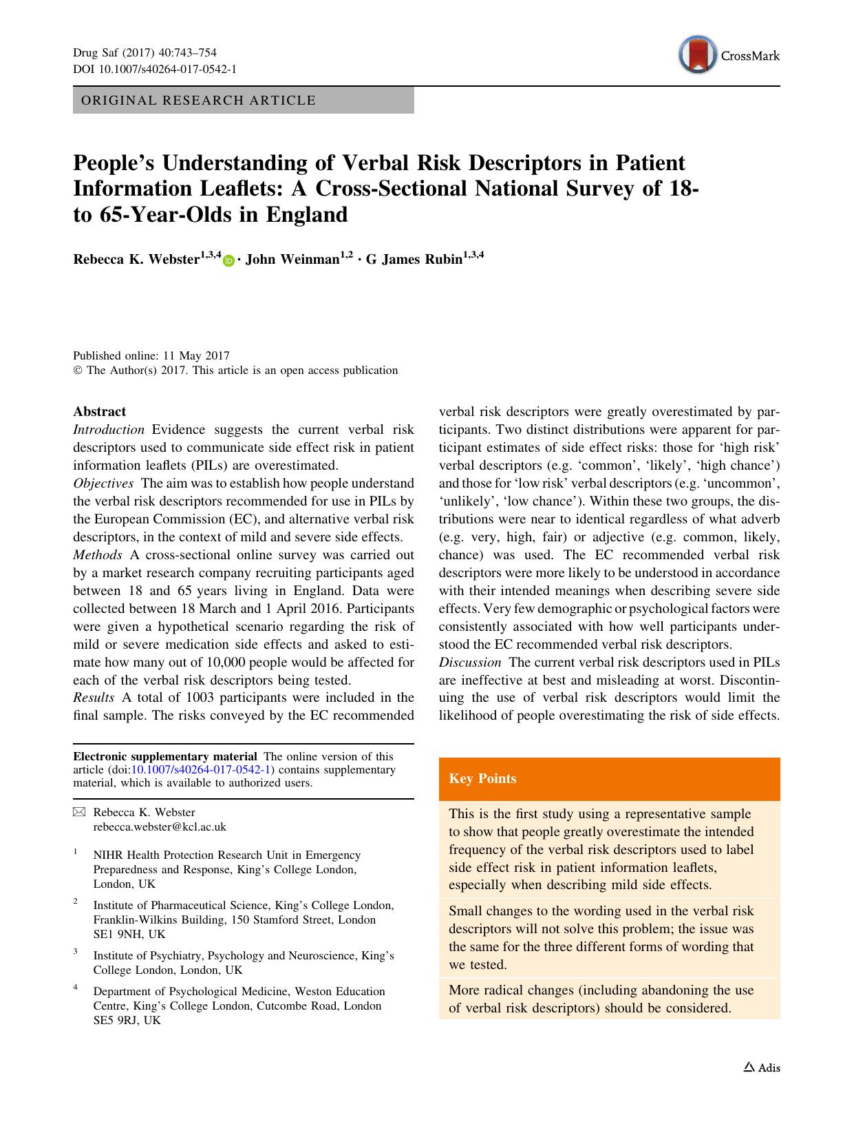 Peopleâs Understanding of Verbal Risk Descriptors in Patient Information Leaflets: A Cross-Sectional National Survey of 18- to 65-Year-Olds in England by Rebecca K. Webster & John Weinman & G James Rubin