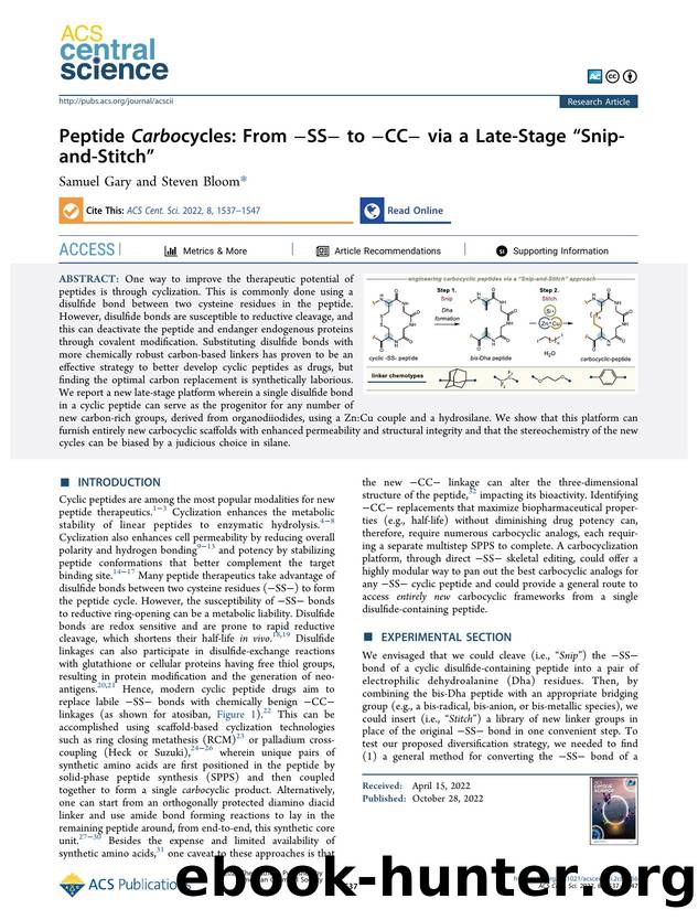 Peptide Carbocycles: From âSSâ to âCCâ via a Late-Stage âSnip-and-Stitchâ by Samuel Gary & Steven Bloom (ORCID: g/0000-0002-4205-4459)