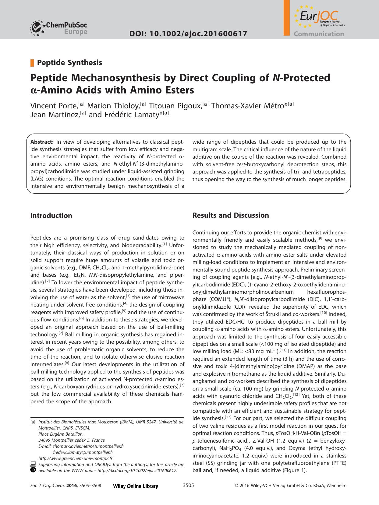 Peptide Mechanosynthesis by Direct Coupling of <i>N<i>&#x02010;Protected &#x003B1;&#x02010;Amino Acids with Amino Esters by Unknown