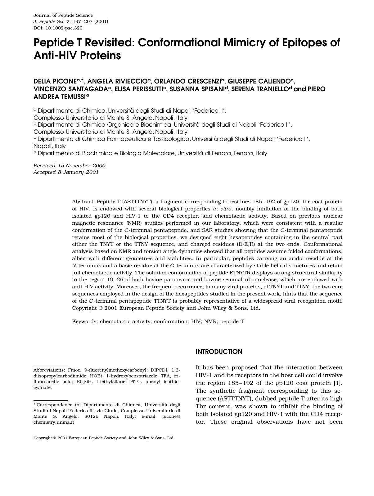 Peptide T revisited: conformational mimicry of epitopes of anti-HIV proteins by Unknown