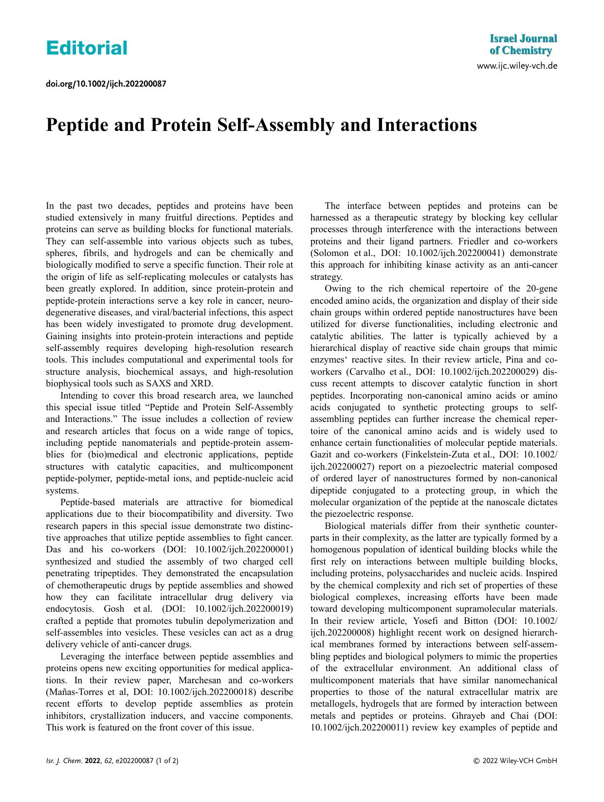 Peptide and Protein SelfâAssembly and Interactions by Unknown