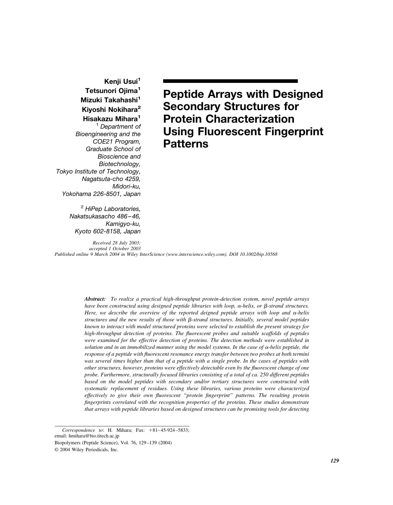 Peptide arrays with designed secondary structures for protein characterization using fluorescent fingerprint patterns by Unknown